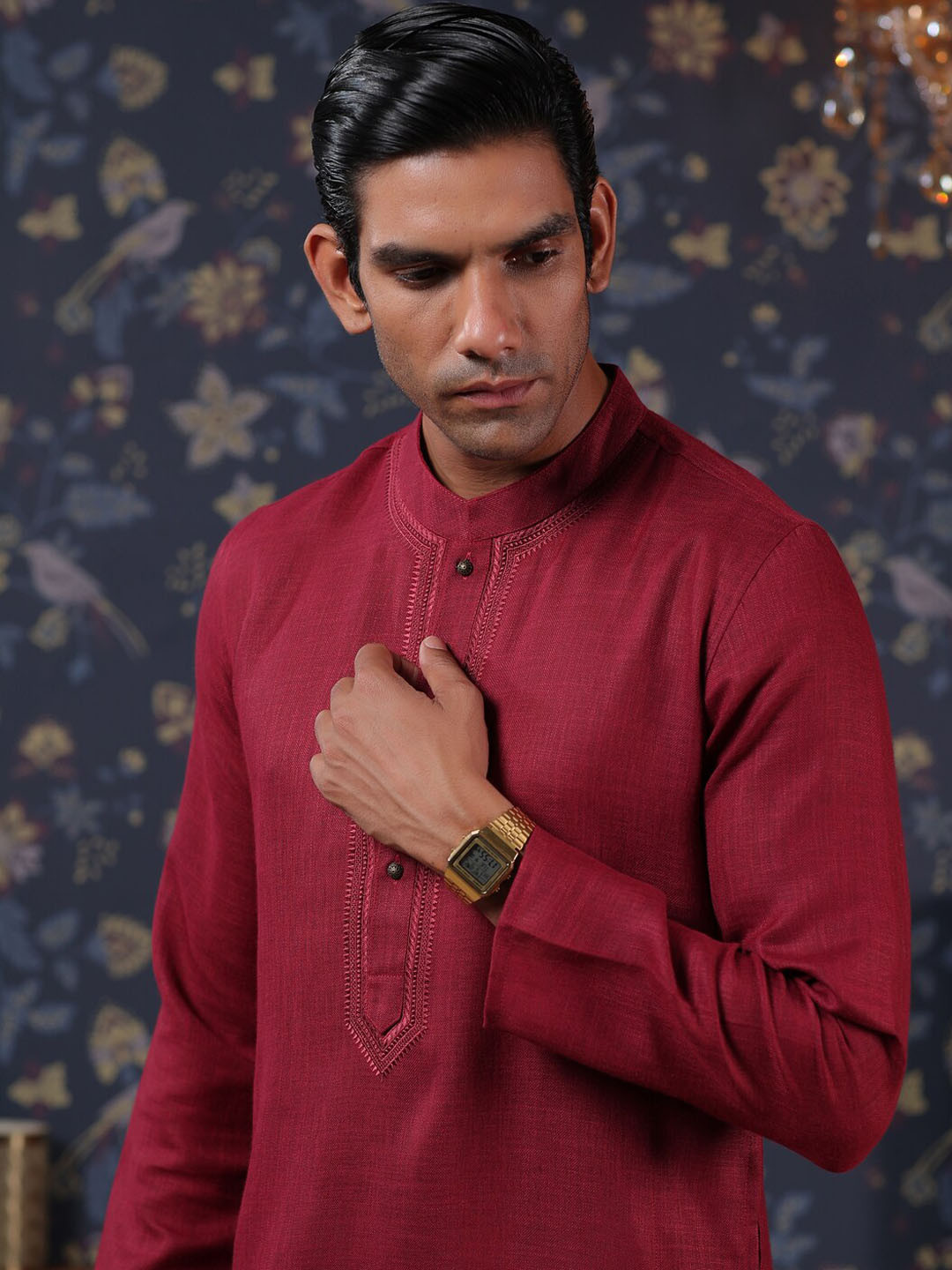 

House of Pataudi Mandarin Collar Kurta With Churidar, Purple