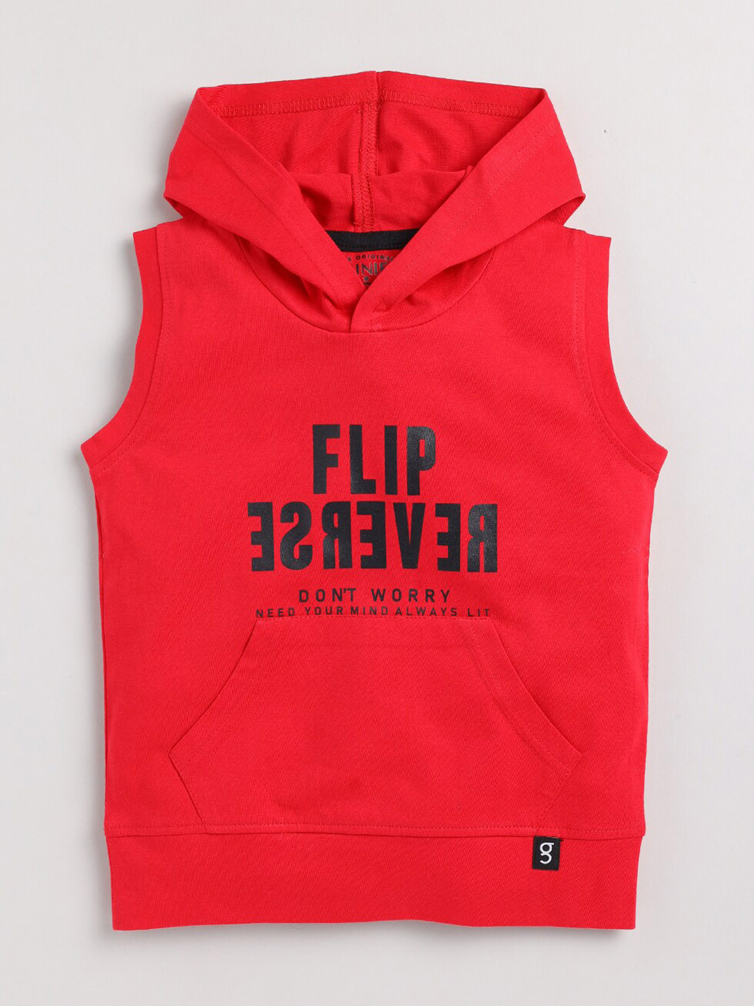 

Ginie Boys Typography Printed Hooded Neck Sleeveless Pure Cotton T-Shirt, Red
