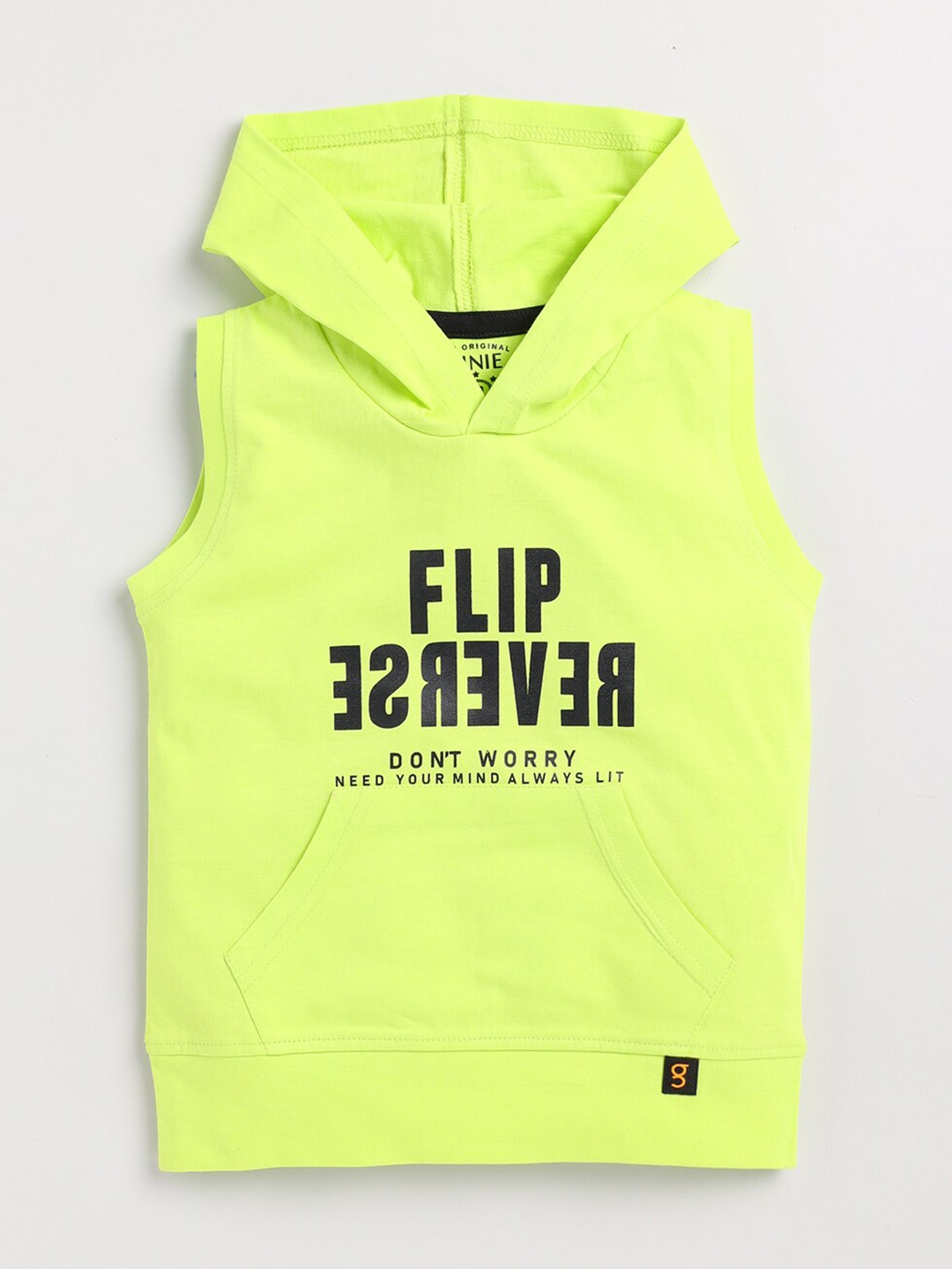 

Ginie Boys Typography Printed Hooded Sleeveless Pure Cotton T-shirt, Green