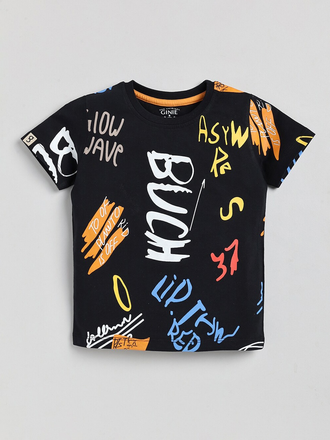 

Ginie Boys Typography Printed Pure Cotton T-shirt, Black