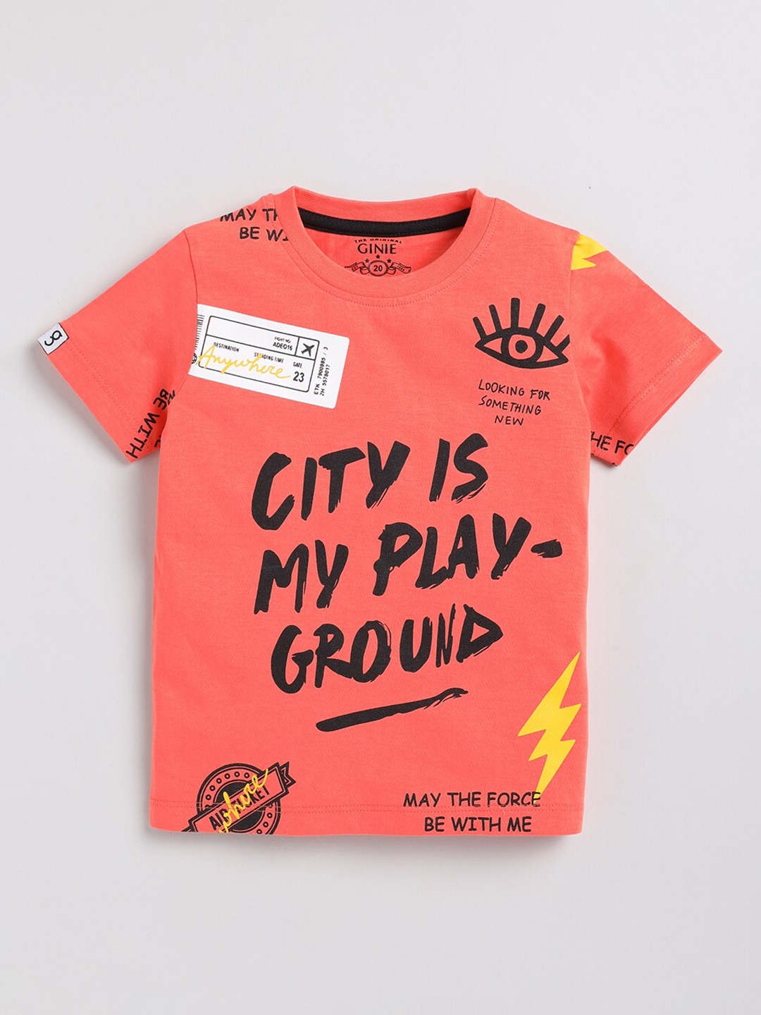 

Ginie Boys Typography Printed Pure Cotton T-shirt, Orange