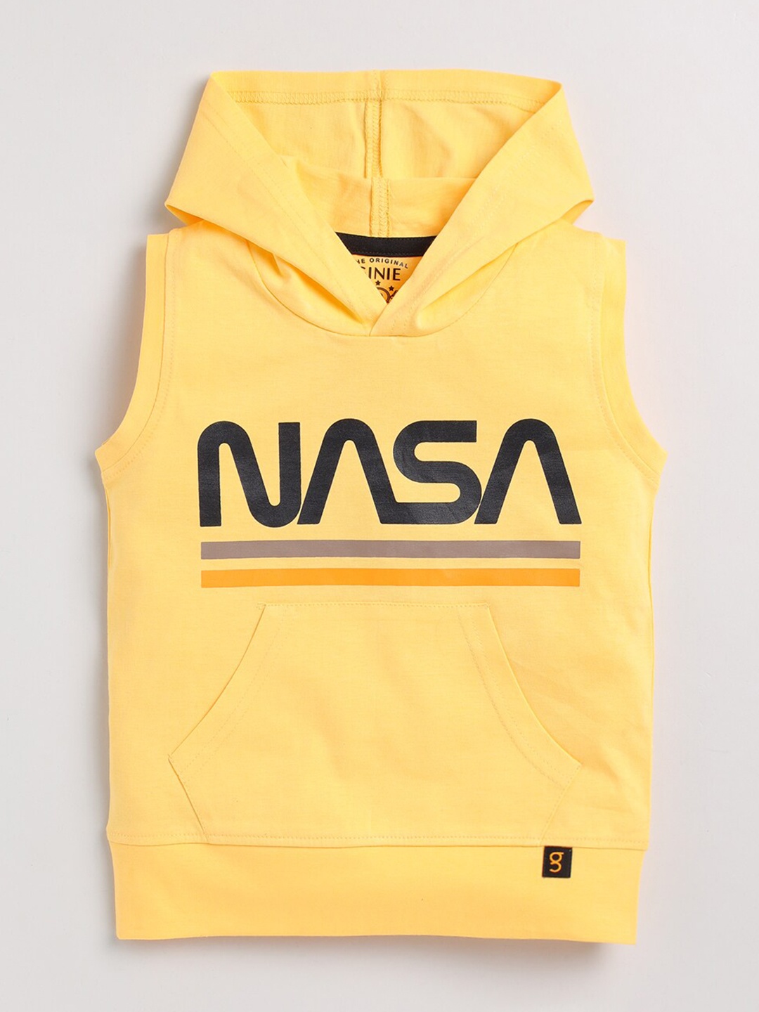 

Ginie Boys Typography Printed Hooded Sleeveless Pure Cotton T-shirt, Yellow