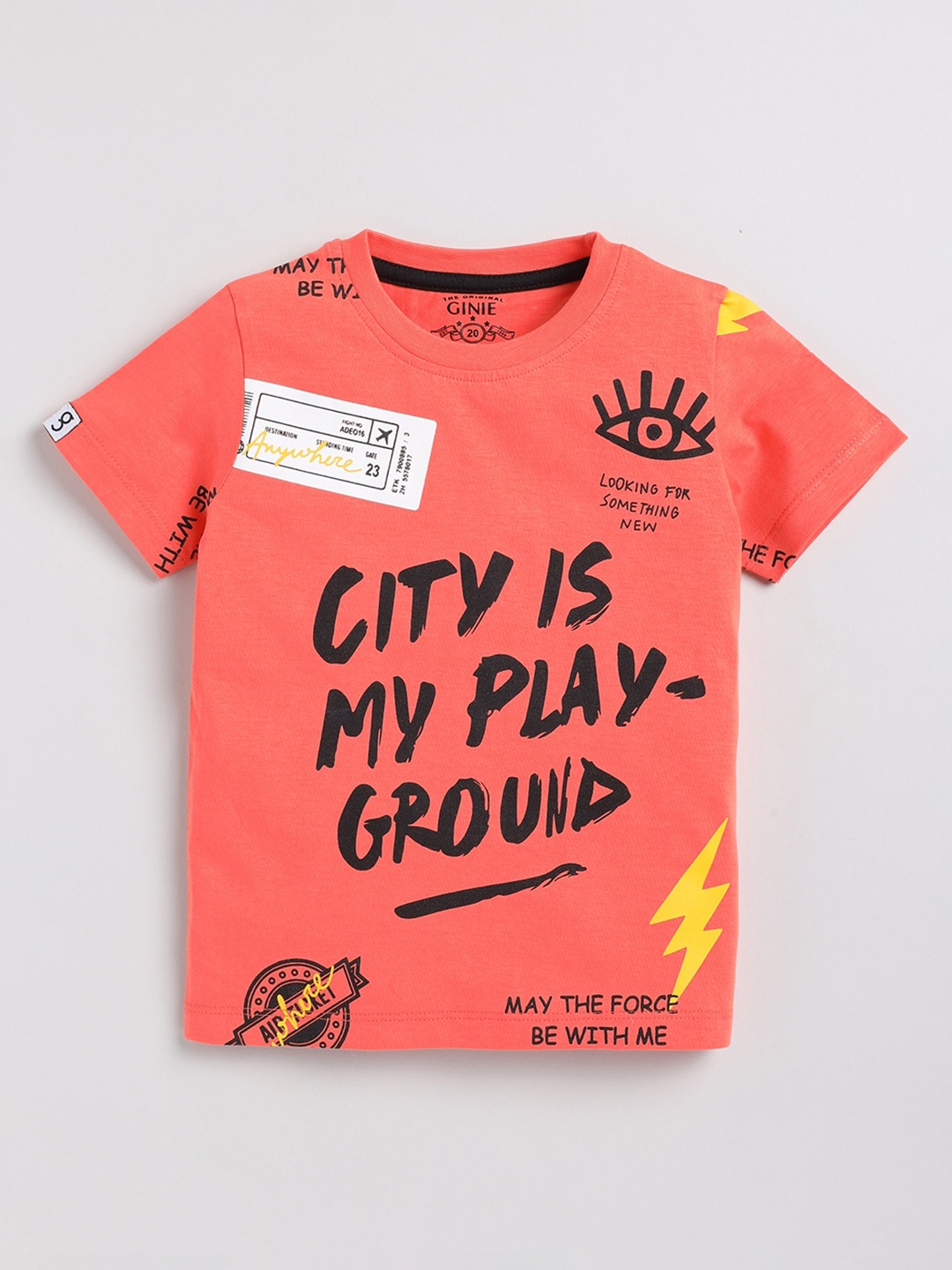 Ginie Boys Typography Printed Pure Cotton T-shirt, Orange