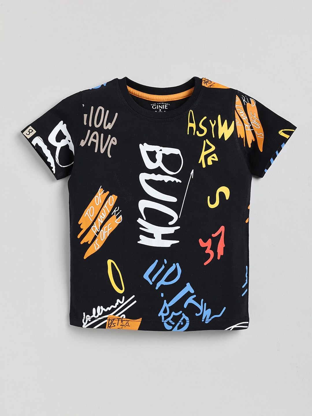 

Ginie Boys Typography Printed Cotton T-shirt, Black