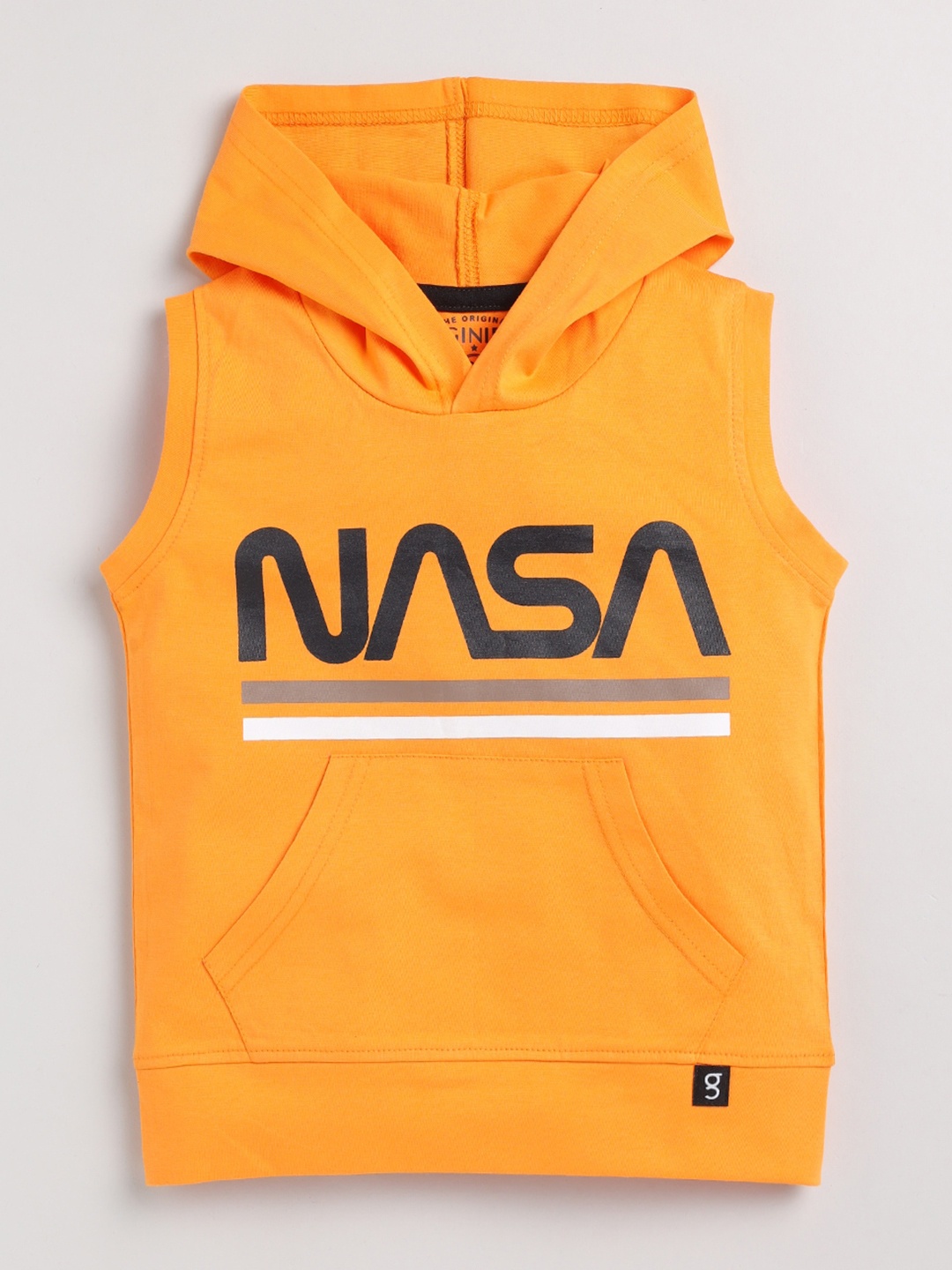 Ginie Boys Typography Printed Hooded Neck Sleeveless Cotton T-Shirt, Orange