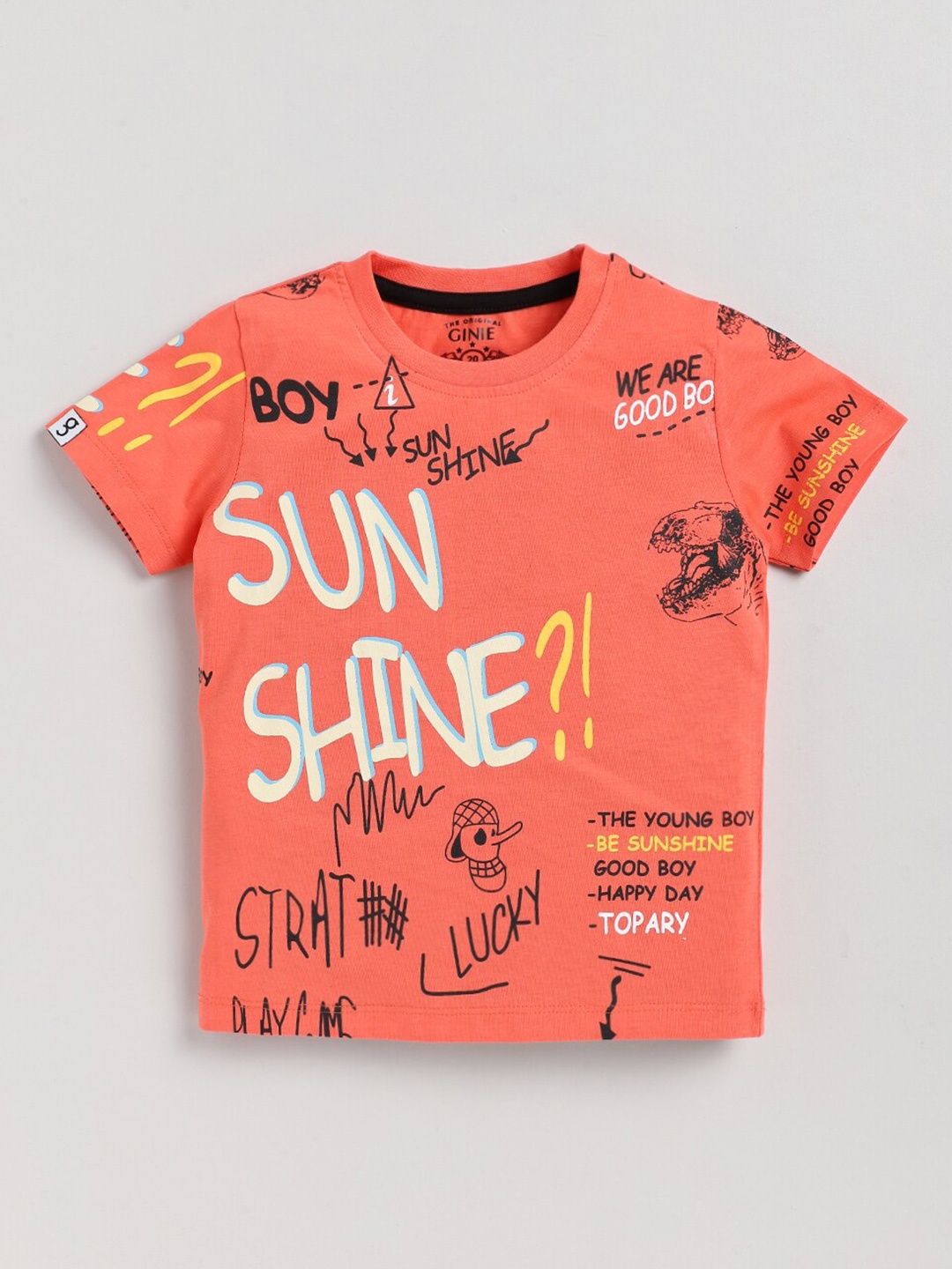 

Ginie Boys Typography Printed Pure Cotton T-shirt, Orange