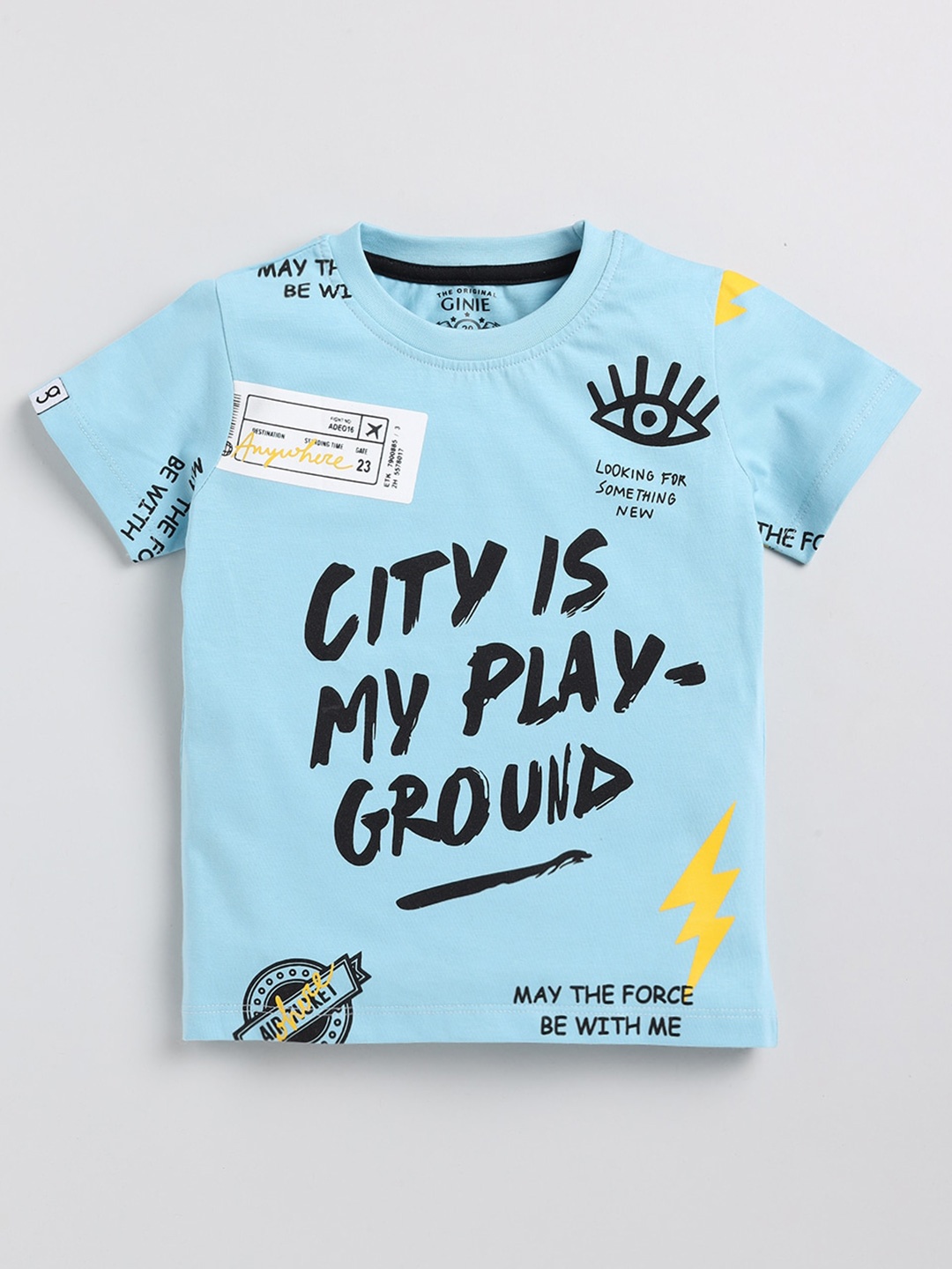 

Ginie Boys Blue Typography Printed Pure Cotton T-shirt