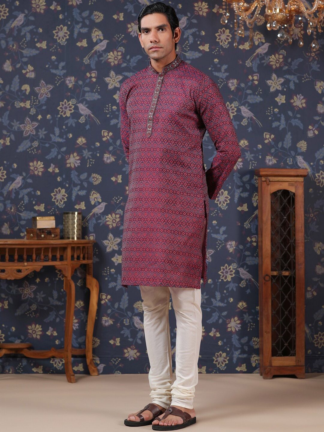 

House of Pataudi Printed Straight Pure Cotton Kurta With Churidar, Purple