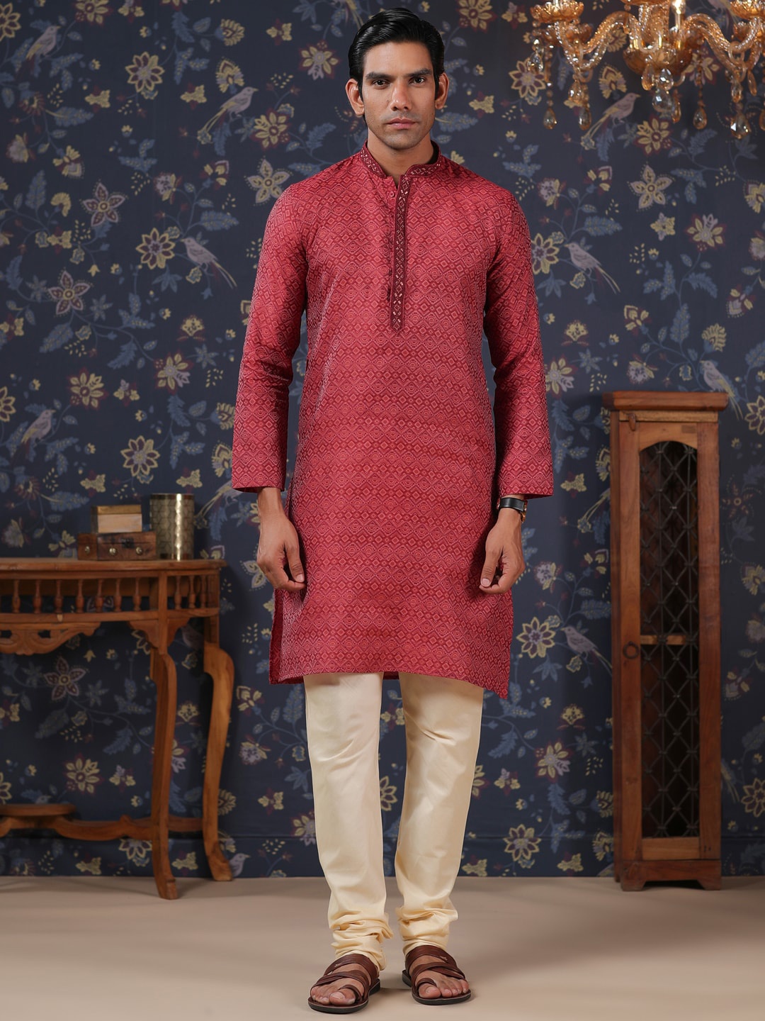 

House of Pataudi Ethnic Motifs Pure Cotton Kurta with Churidar, Maroon