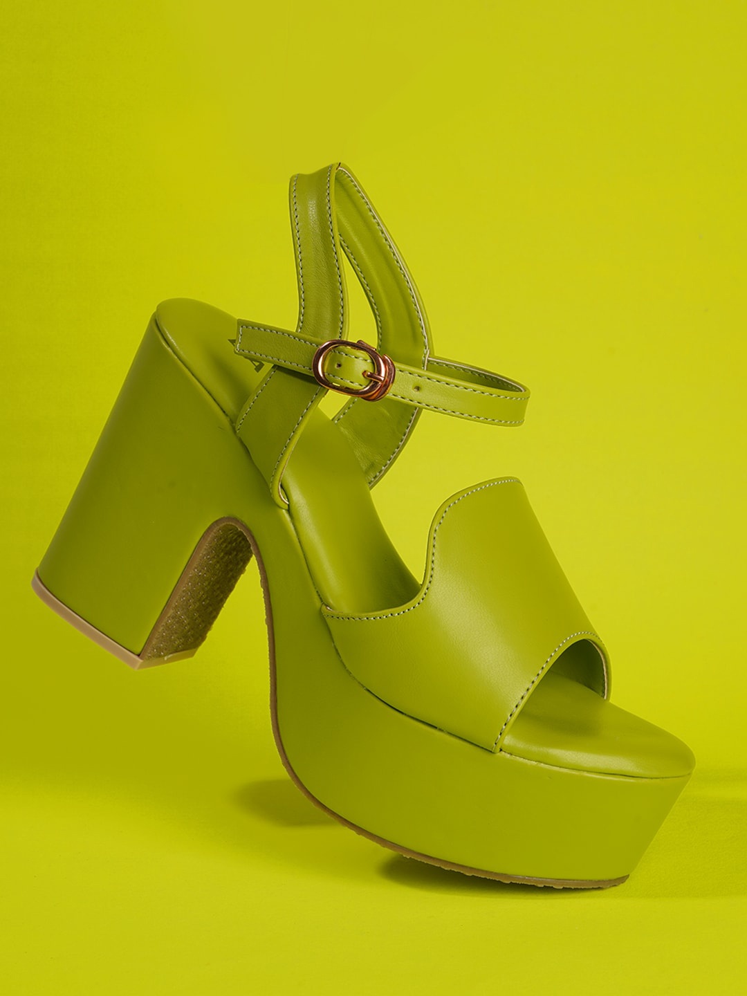 Lavie Open Toe Platform Heels With Buckles, Green