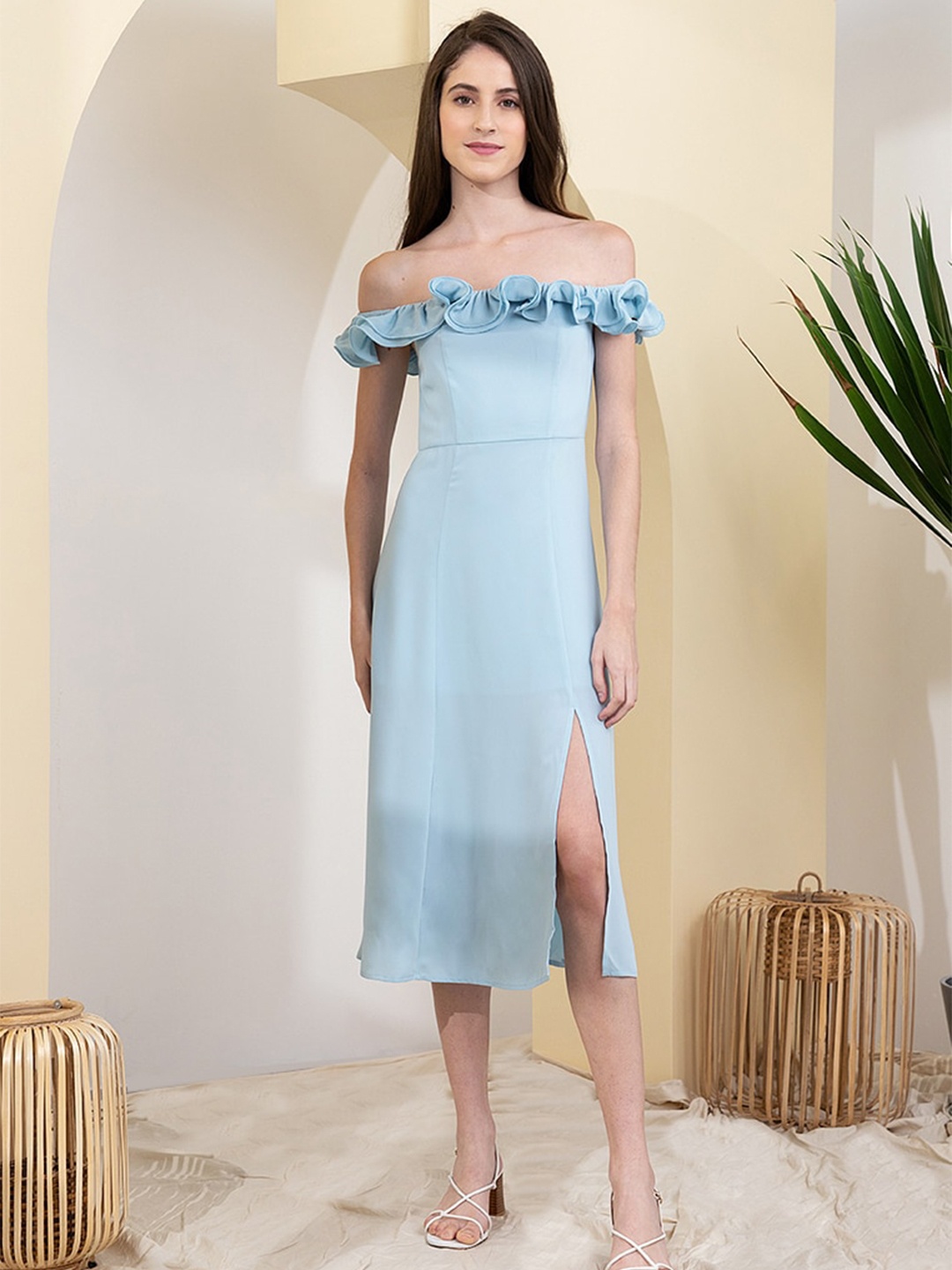 

Zalora Studios Off-Shoulder Ruffled High Slit Midi Dress, Blue