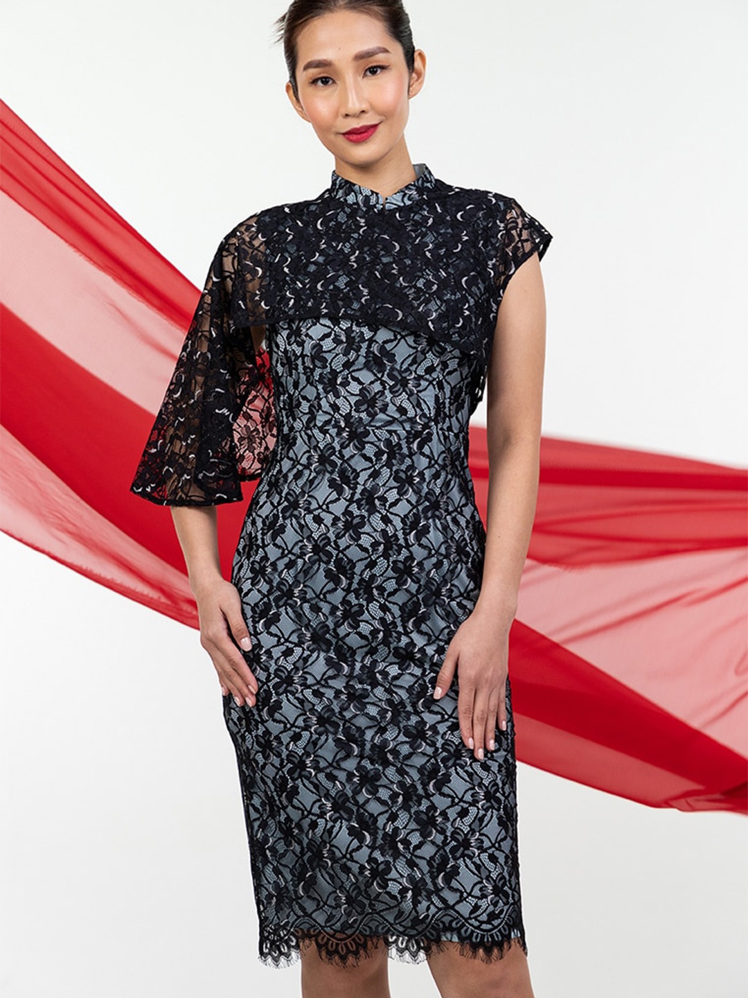 

Zalora Studios High Neck Lace Overlay Cheongsam Dress, Black