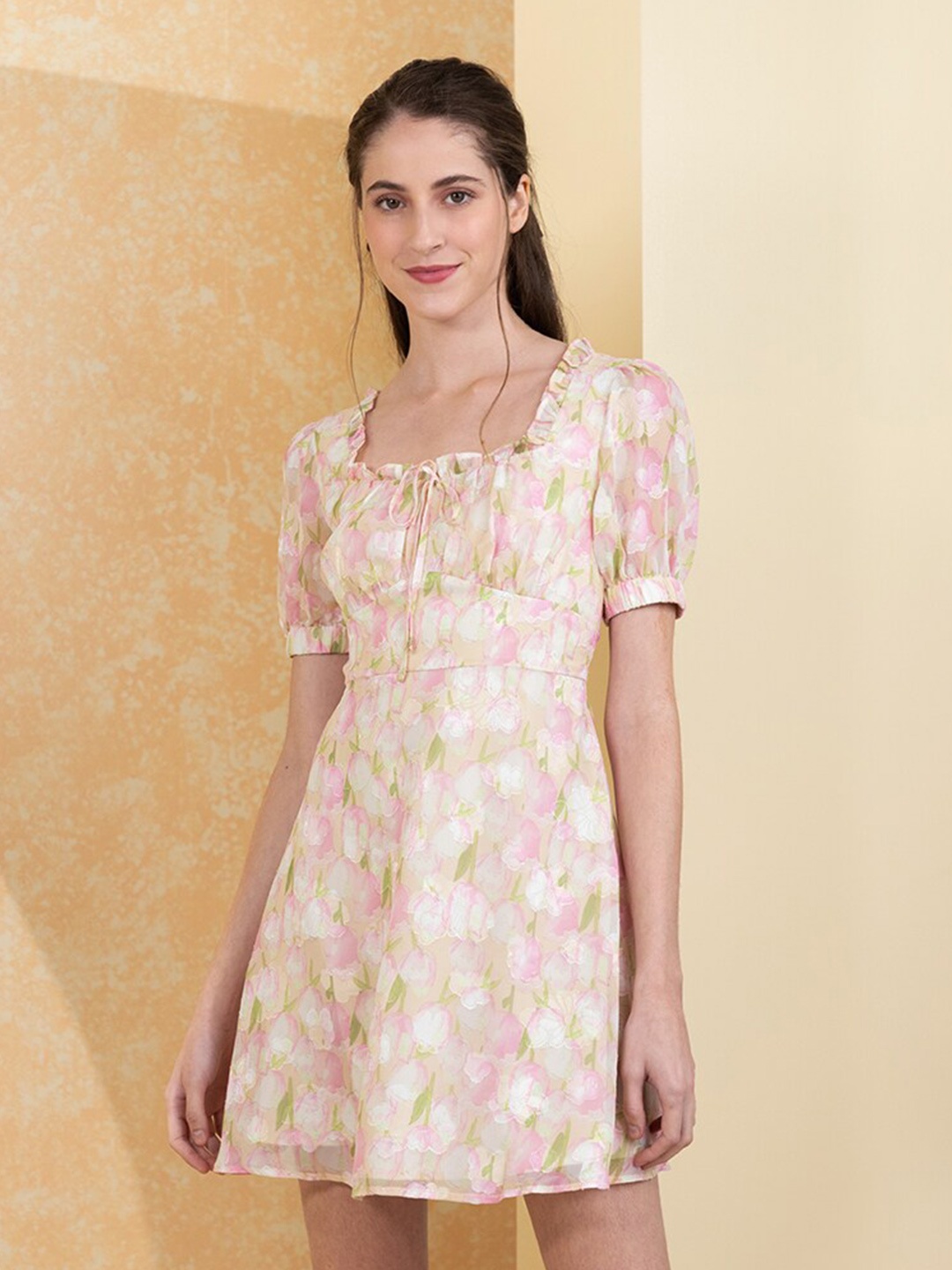 

Zalora Studios Floral Printed Puff Sleeve A-Line Dress, Beige