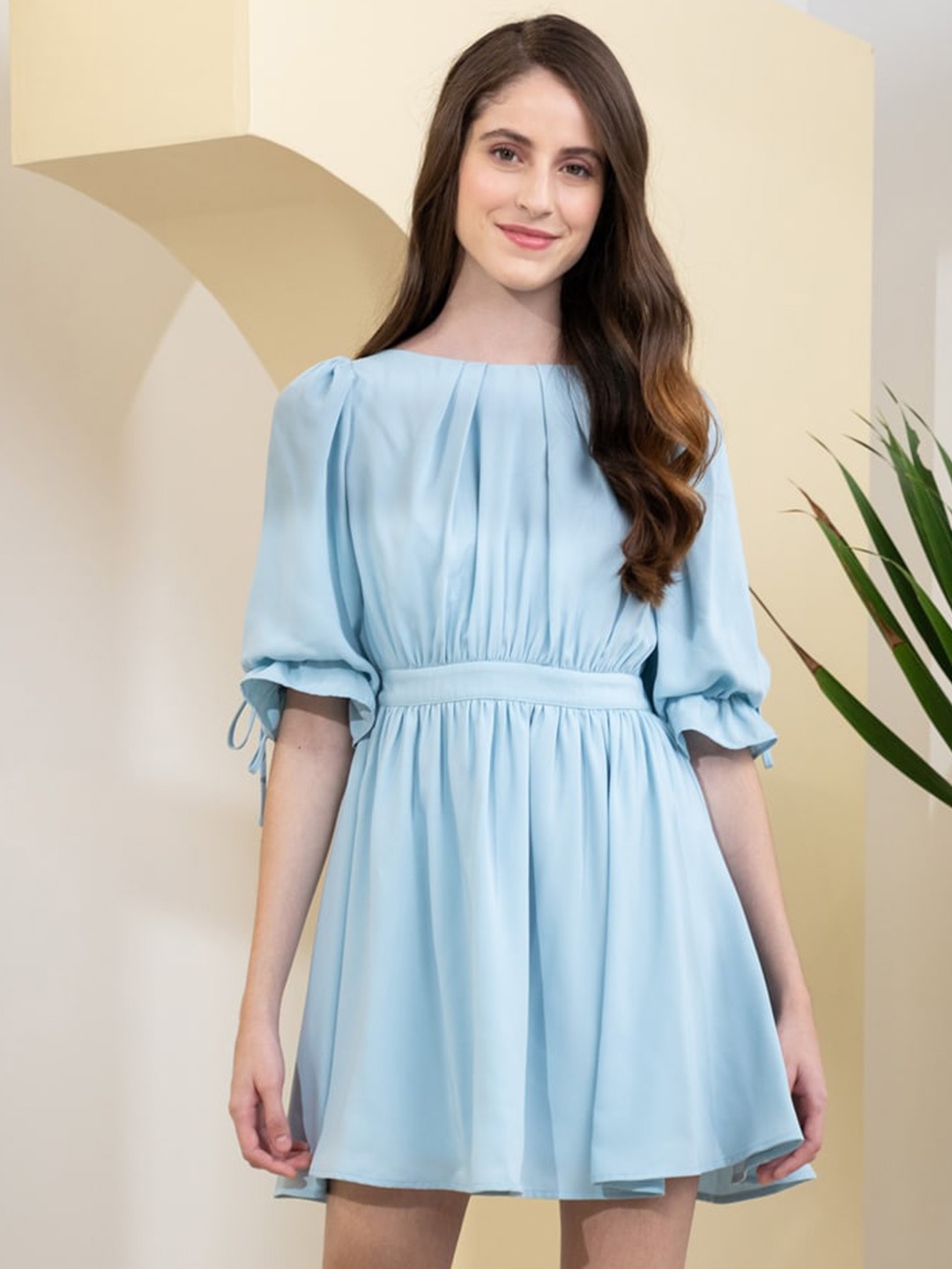 

Zalora Studios Puff Sleeve Gathered Detail Fit & Flare Dress, Blue