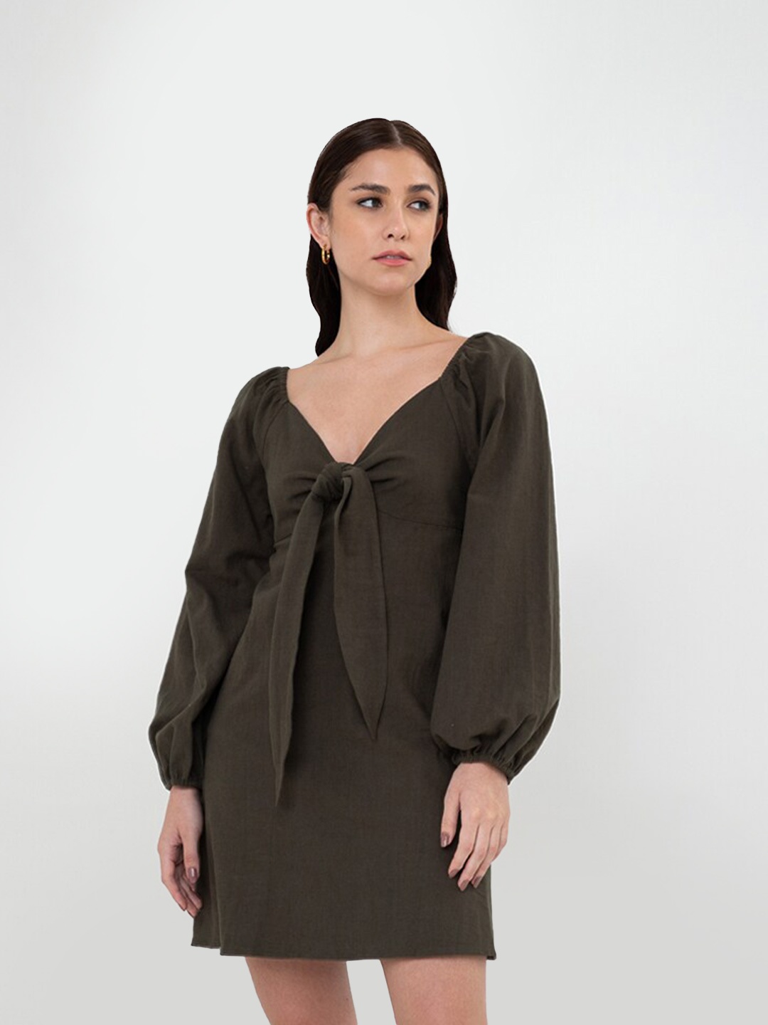 

Zalora Studios Puff Sleeves Linen Cotton A-Line Dress, Olive