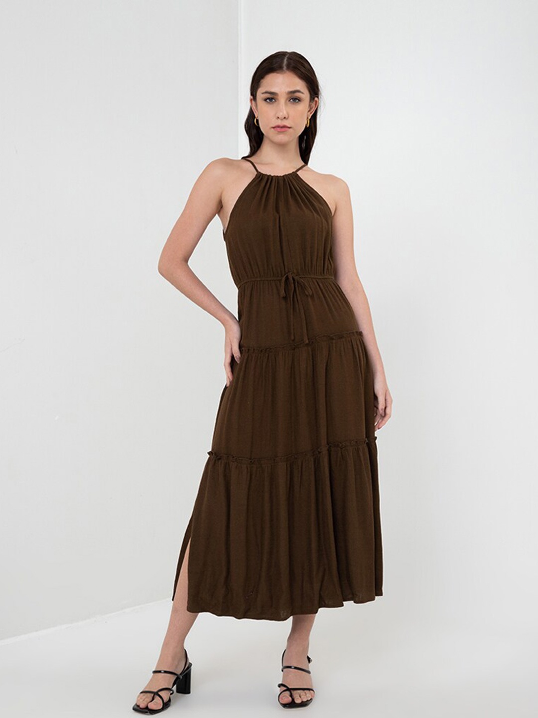 

Zalora Studios Halter Neck Linen Fit & Flare Tired Midi Dress, Coffee brown