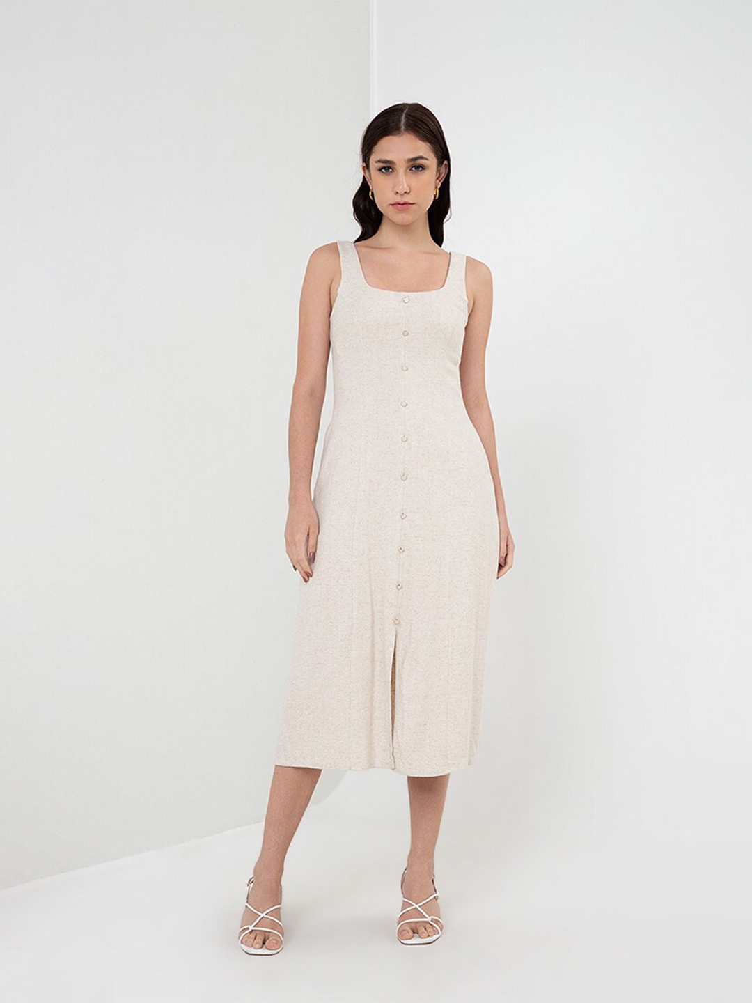 

Zalora Studios Linen Shoulder Straps A-Line Midi Dress, Off white