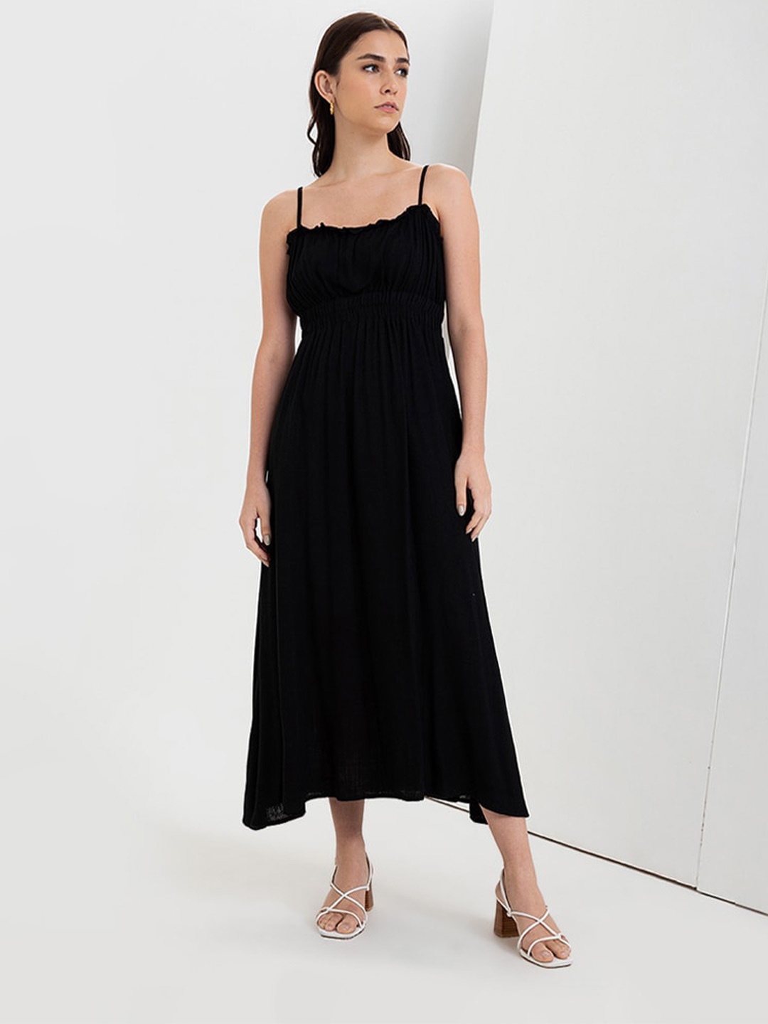 

Zalora Studios Shoulder Straps Cotton Linen Fit & Flare Midi Dress, Black