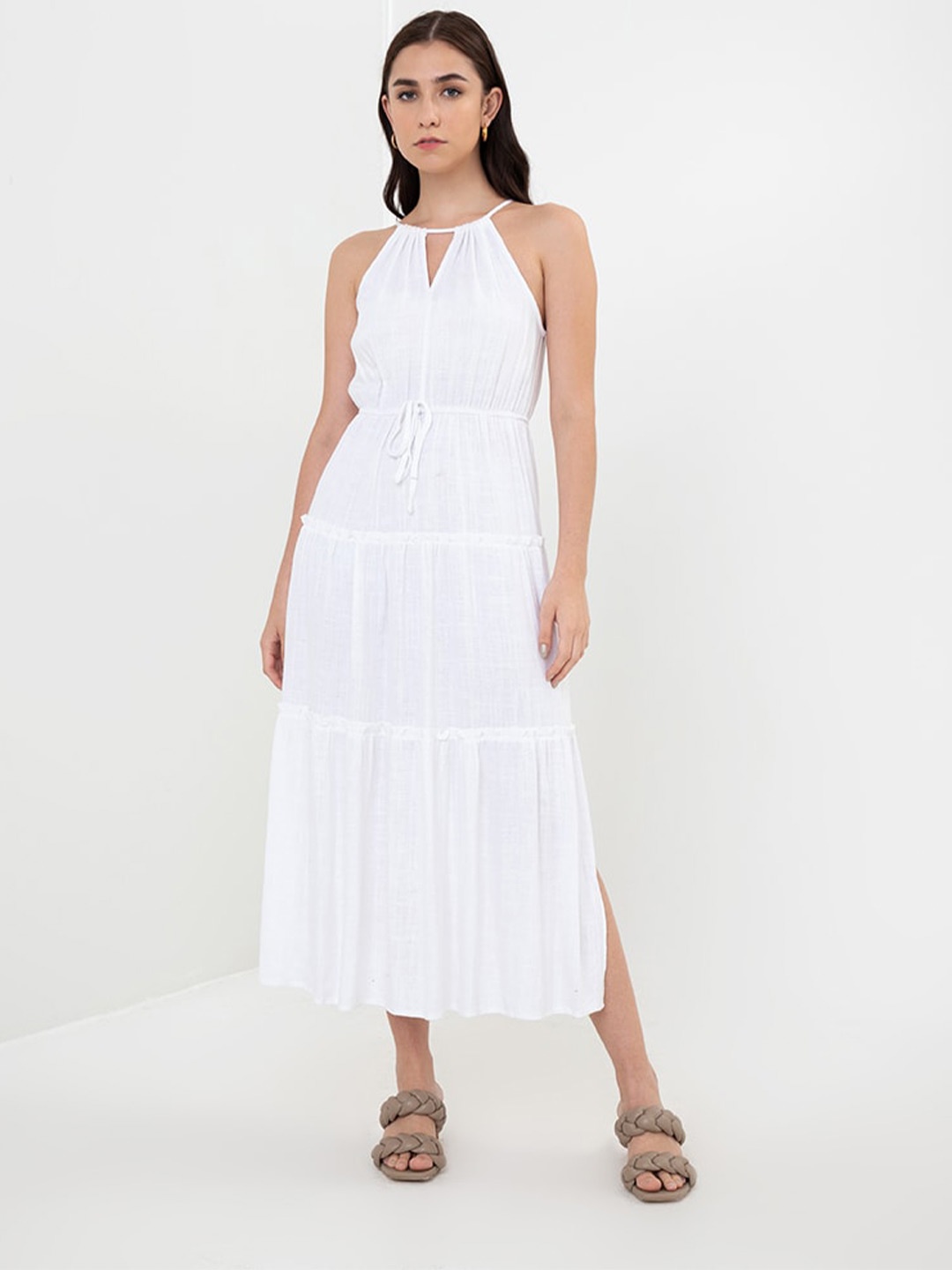 

Zalora Studios Shoulder Straps Cotton Linen A-Line Midi Dress, White