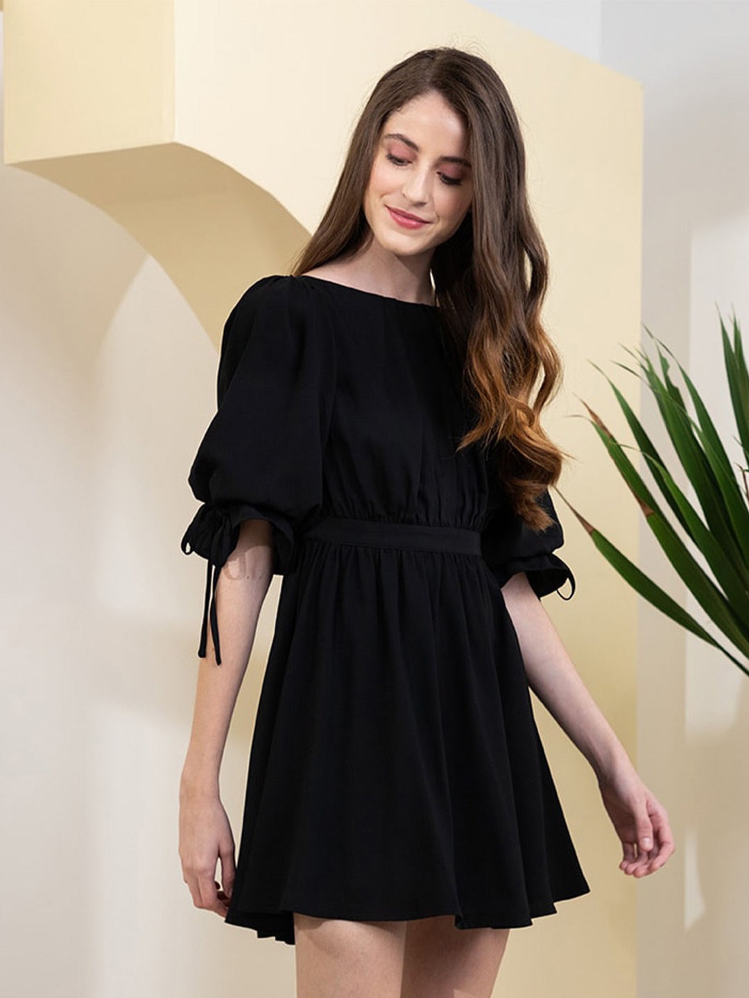 

Zalora Studios Puff Sleeve Cut-Out Detailed Fit & Flare Dress, Black