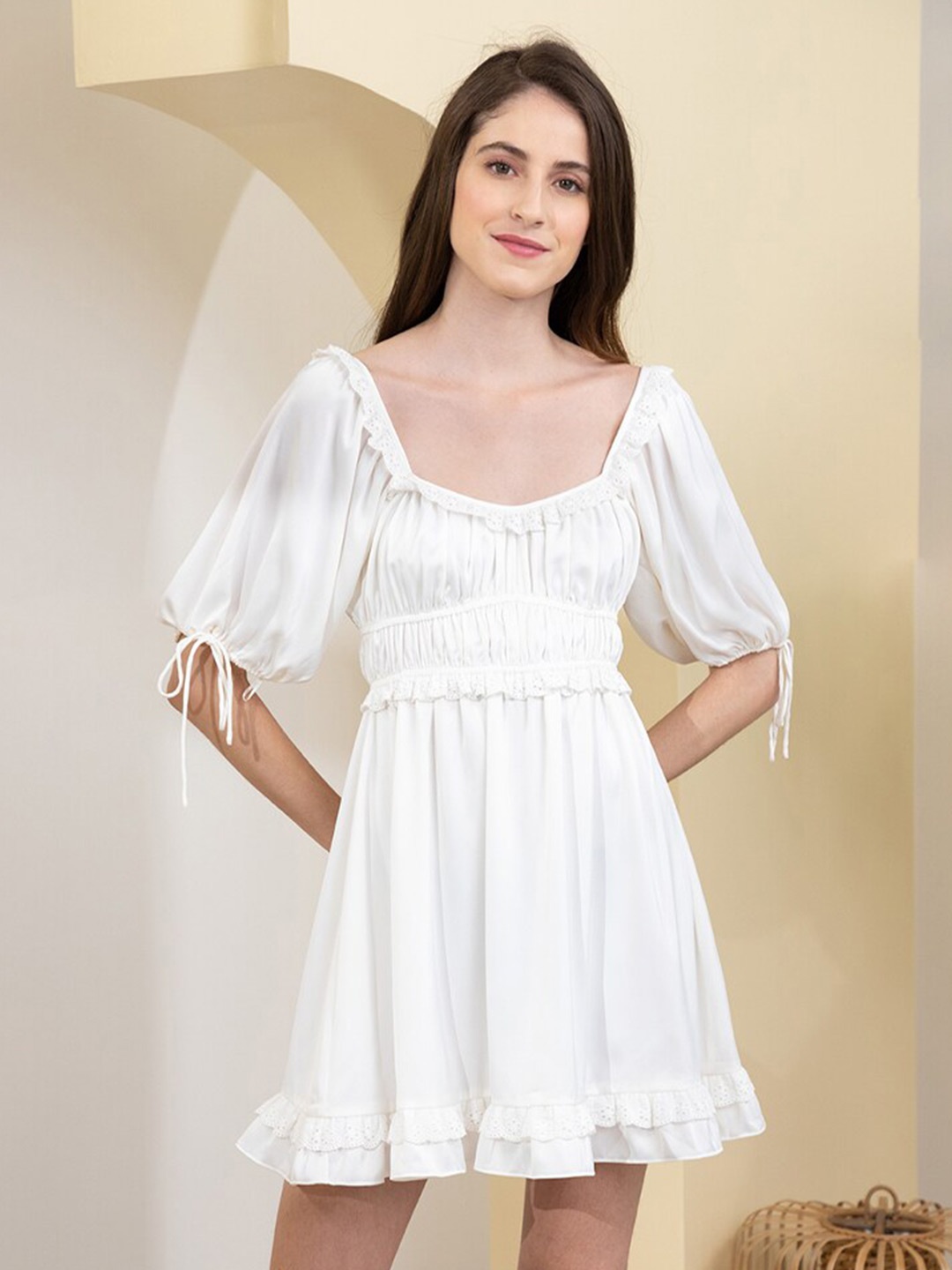 

Zalora Studios Square Neck Puff Sleeve Fit & Flare Dress, Off white