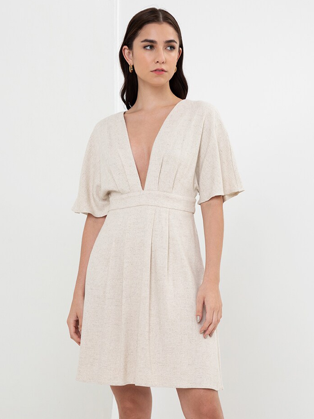 

Zalora Studios Flared Sleeves Linen A-Line Dress, Beige