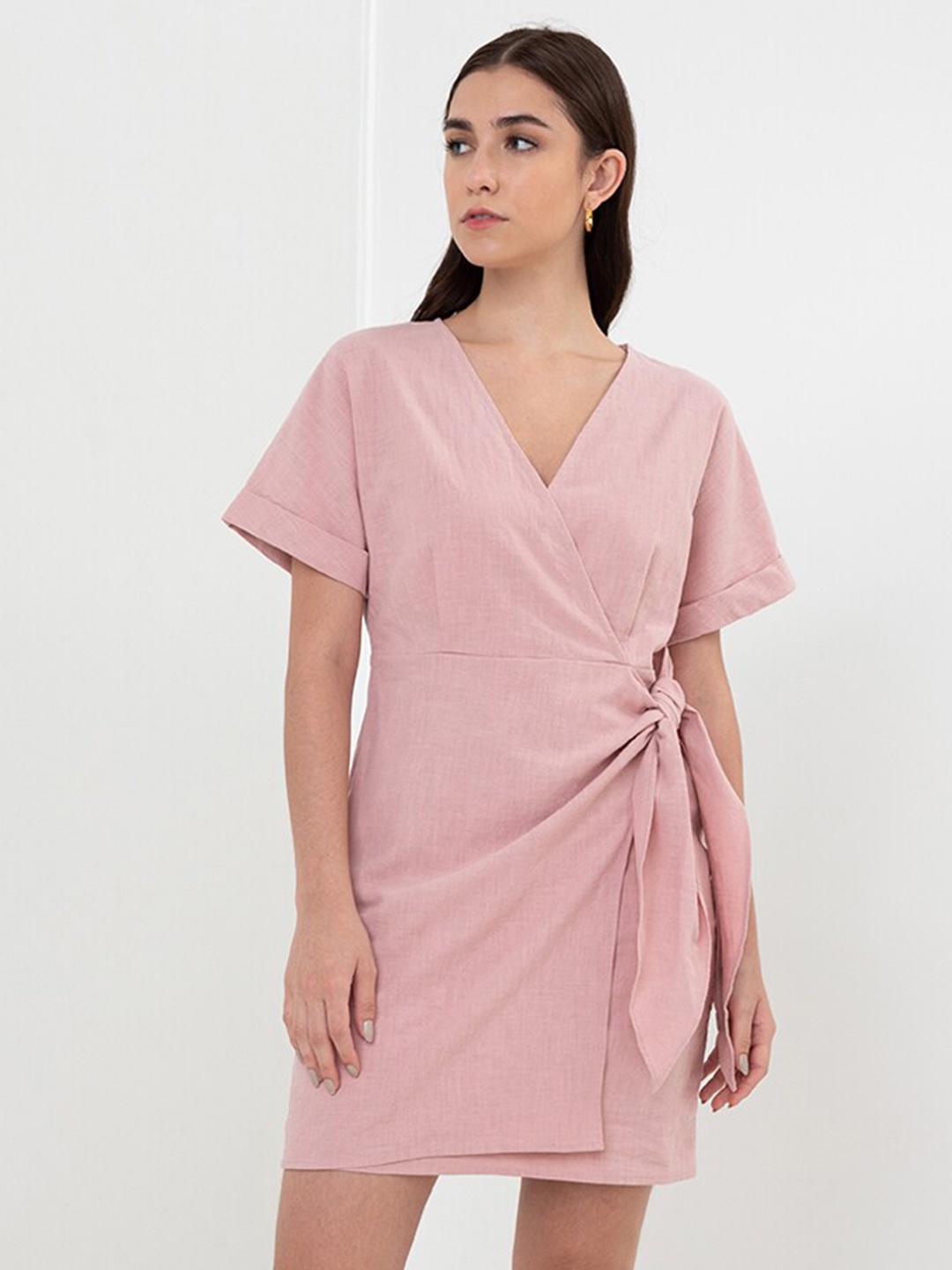 

Zalora Studios Extended Sleeves Linen Cotton Wrap Dress, Pink