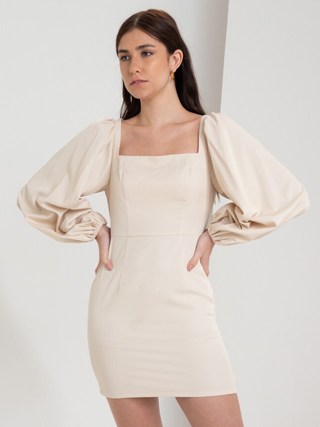

Zalora Studios Square Neck Puff Sleeves Bodycon Dress, Beige
