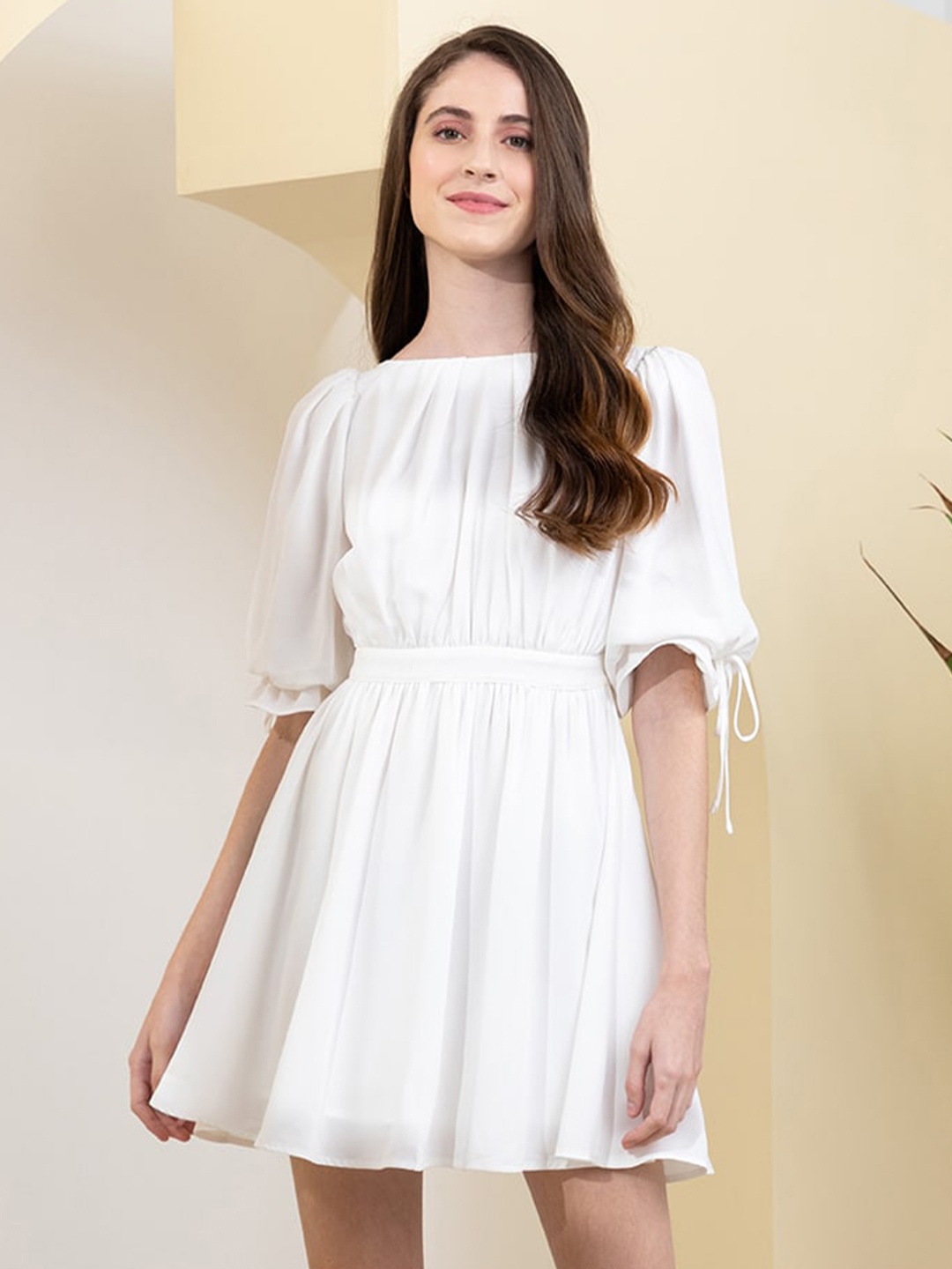 

Zalora Studios Puff Sleeves Gathred Or Pleated Fit & Flare Dress, White