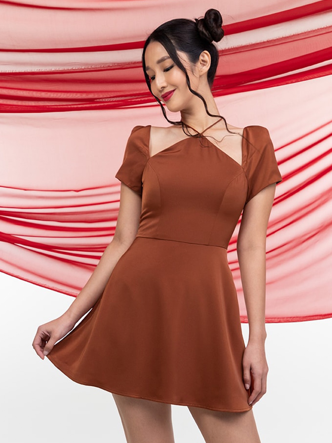 

Zalora Studios Tie- up Casual Fit & Flare Mini Dress, Camel brown