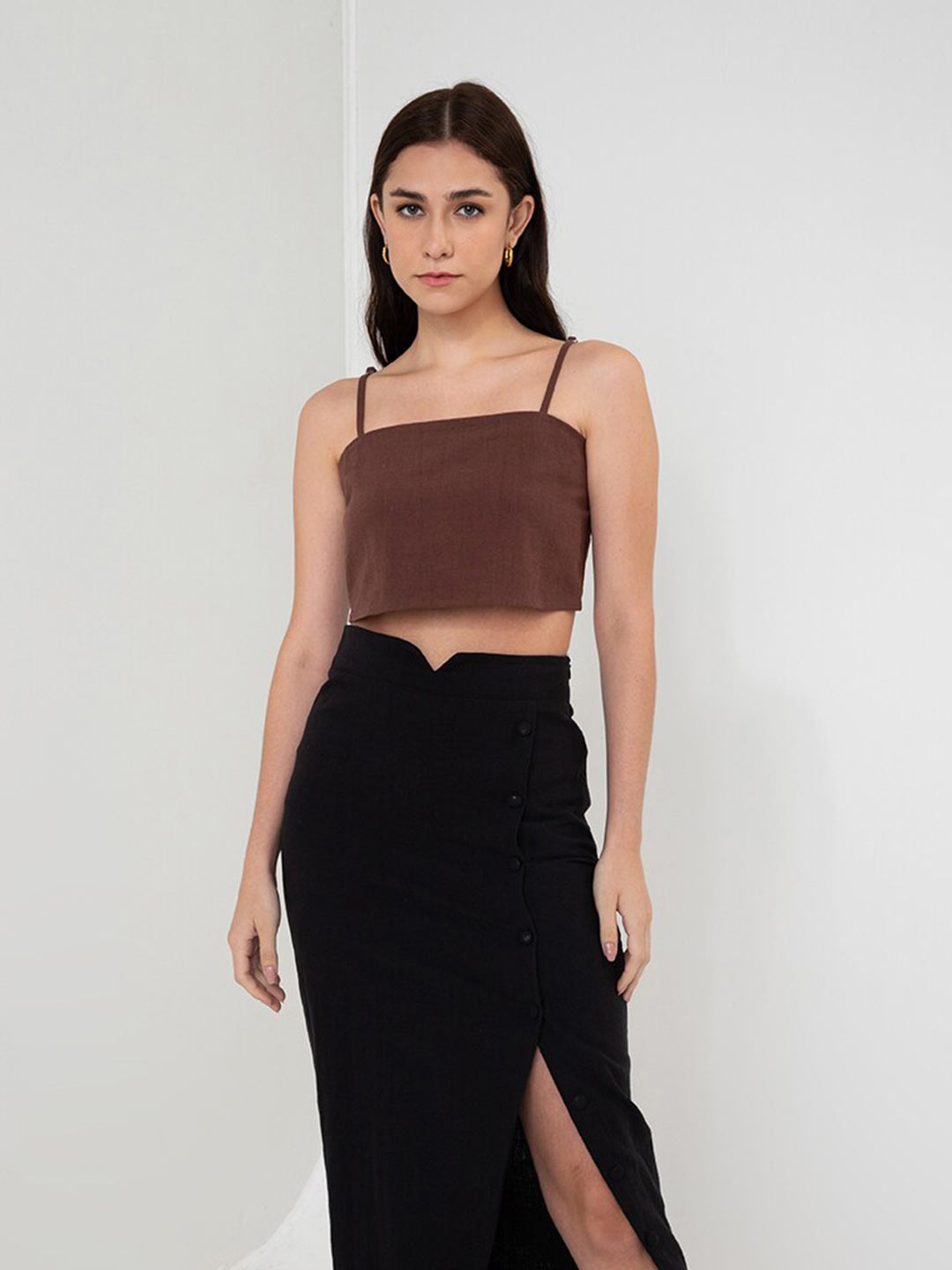 

Zalora Studios Shoulder Straps Linen Cotton Crop Bralette Top, Brown