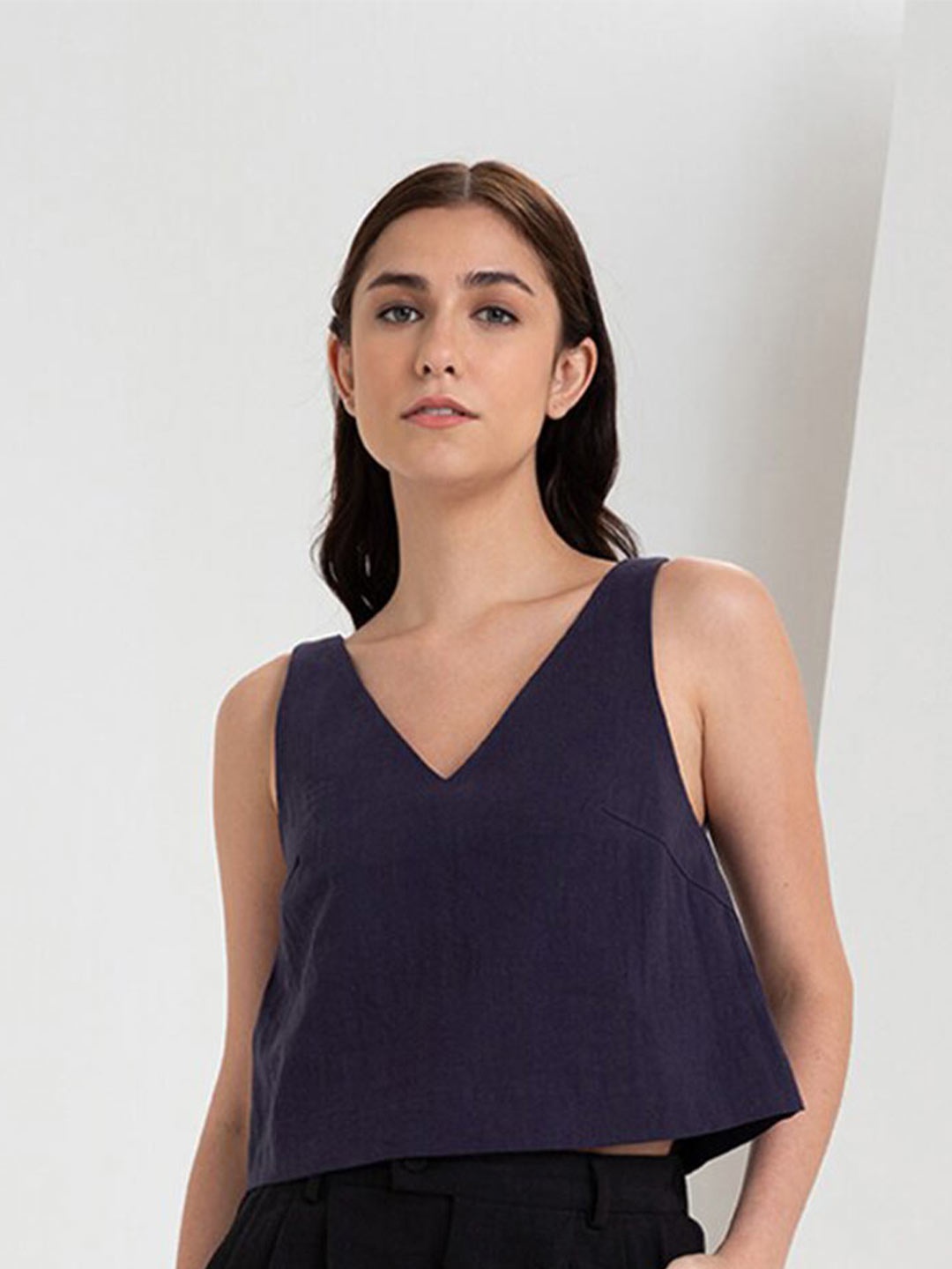 

Zalora Studios V-Neck Linen Cotton Crop Top, Navy blue