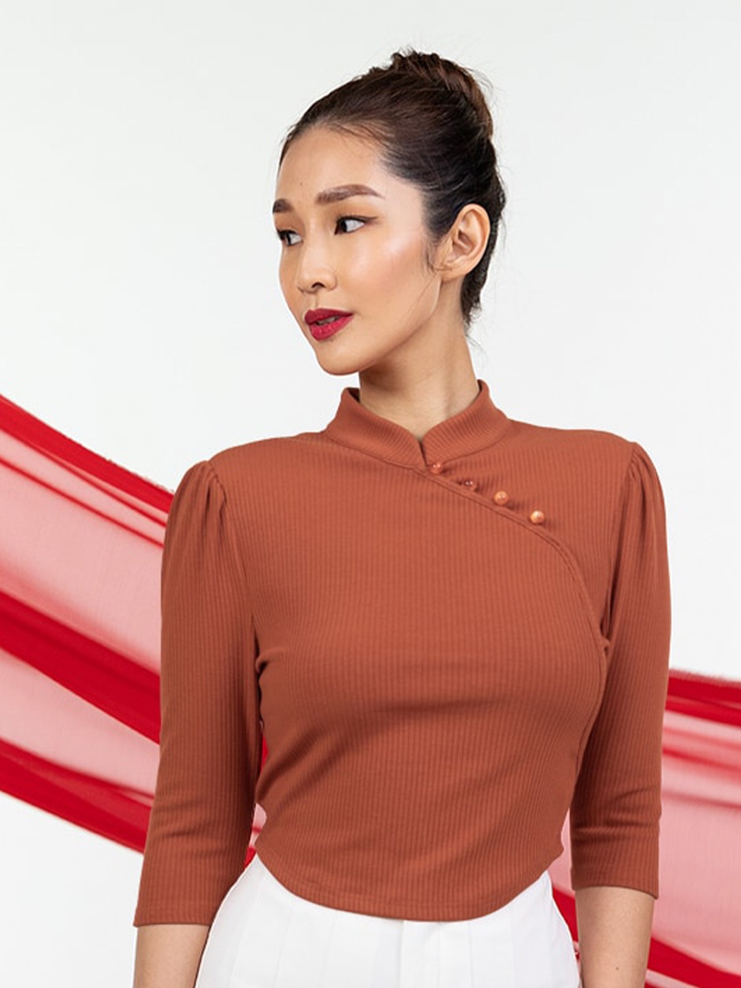 

Zalora Studios High Neck Puff Sleeves Fitted Top, Brown