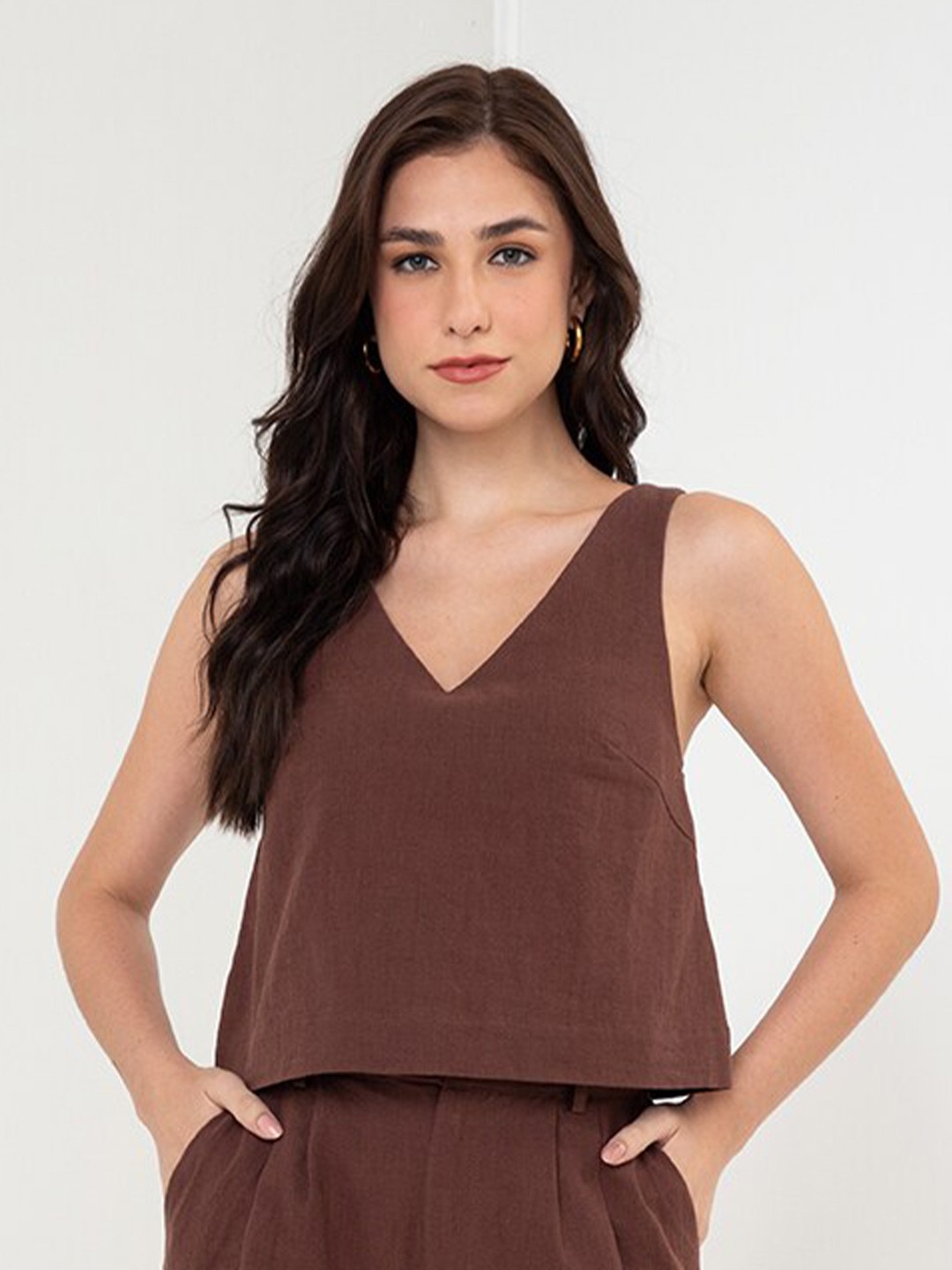 

Zalora Studios V-Neck Sleeveless Linen Cotton Top, Brown