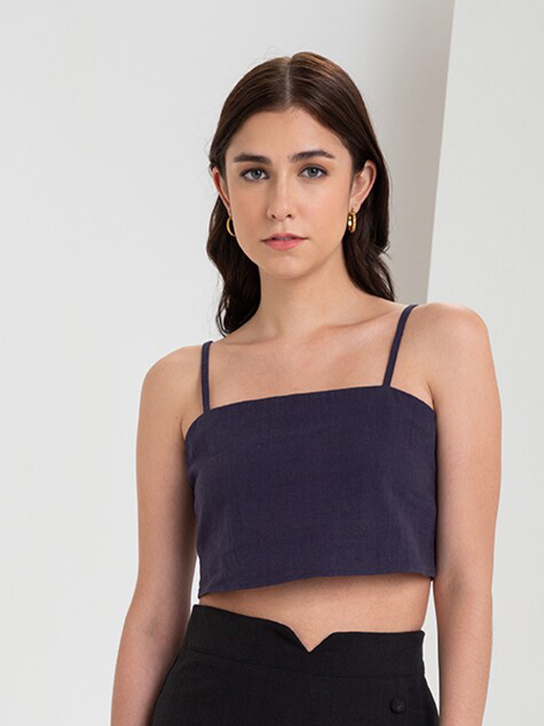 

Zalora Studios Shoulder Straps Linen Cotton Crop Top, Black