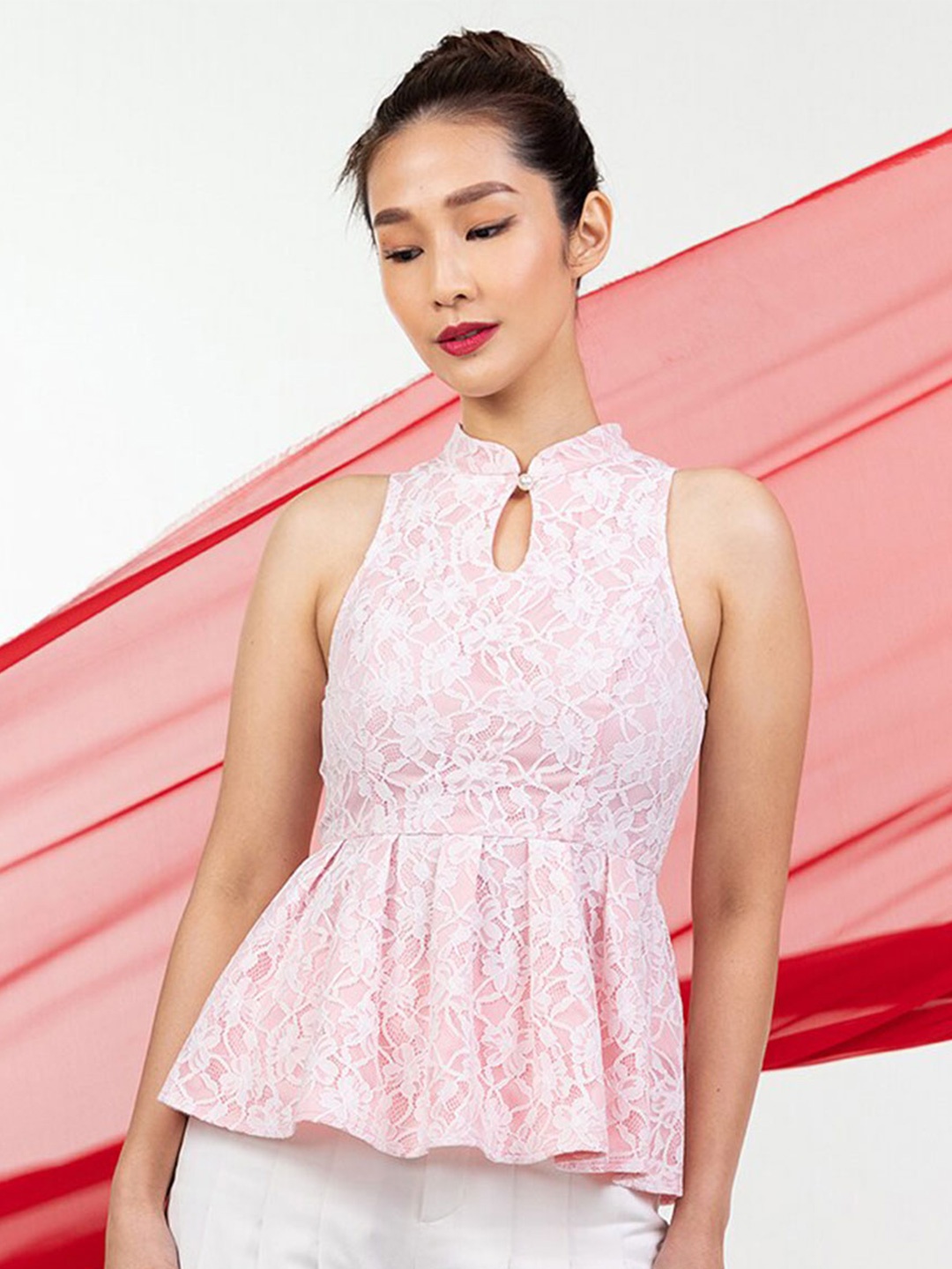 

Zalora Studios Keyhole Neck Peplum Top, Pink