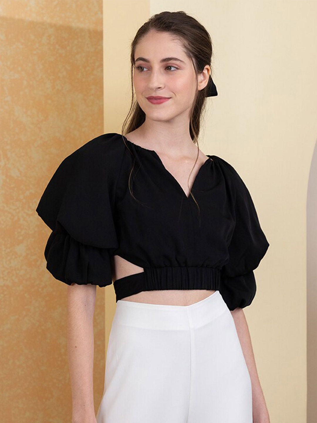 

Zalora Studios V-Neck Puff Sleeve Blouson Top, Black