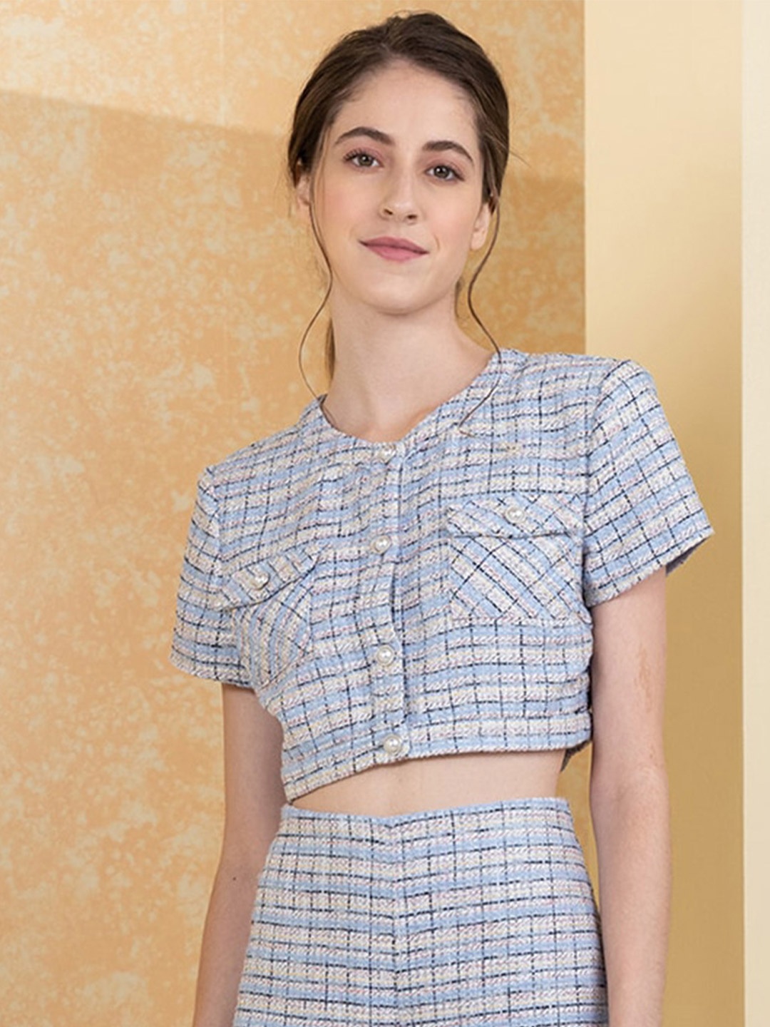

Zalora Studios Checked Shirt Style Crop Top, Blue