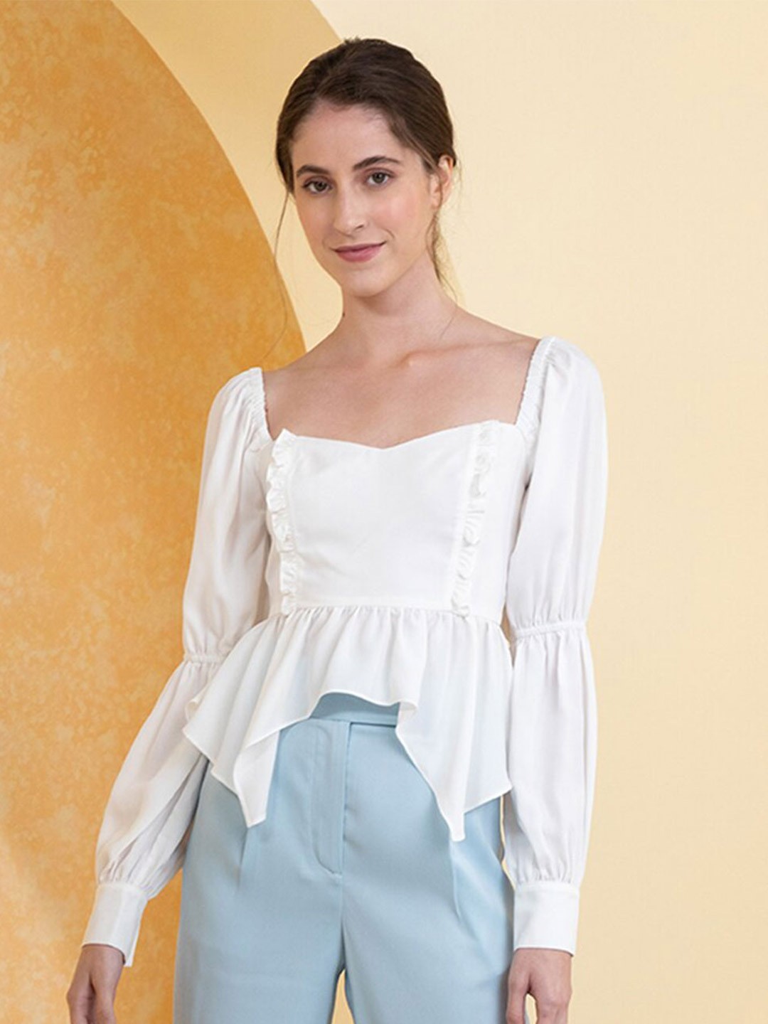

Zalora Studios Square Neck Puff Sleeves Peplum Top, White