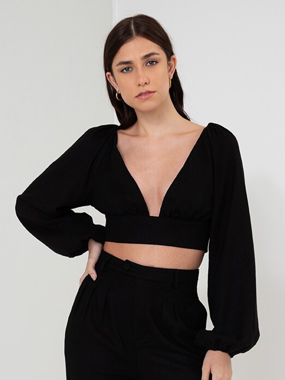 

Zalora Studios V-Neck Puff Sleeves Wrap Crop Top, Black