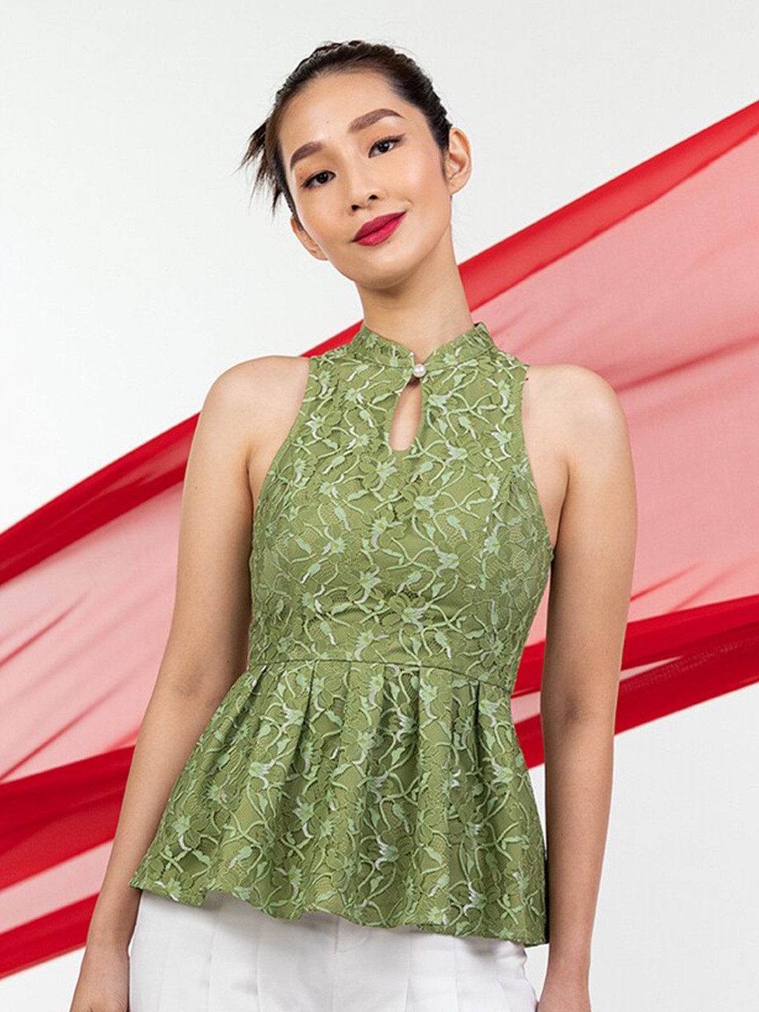 

Zalora Studios Self Design Mandarin Collar Peplum Top, Green