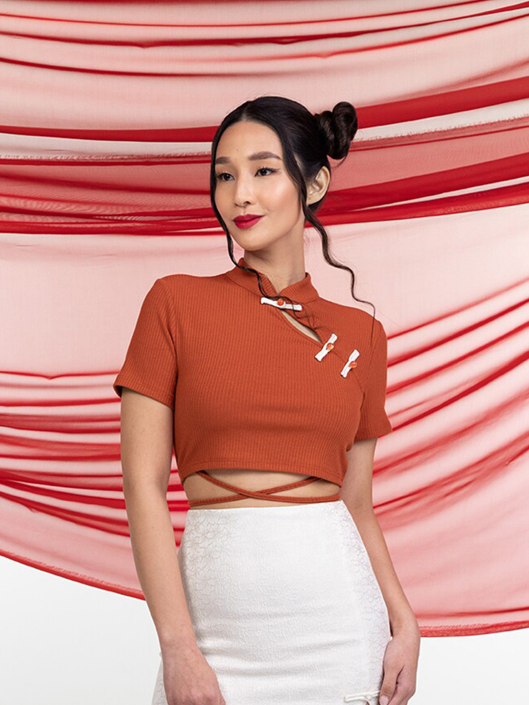

Zalora Studios High Neck Tie-Up Fitted Crop Top, Brown
