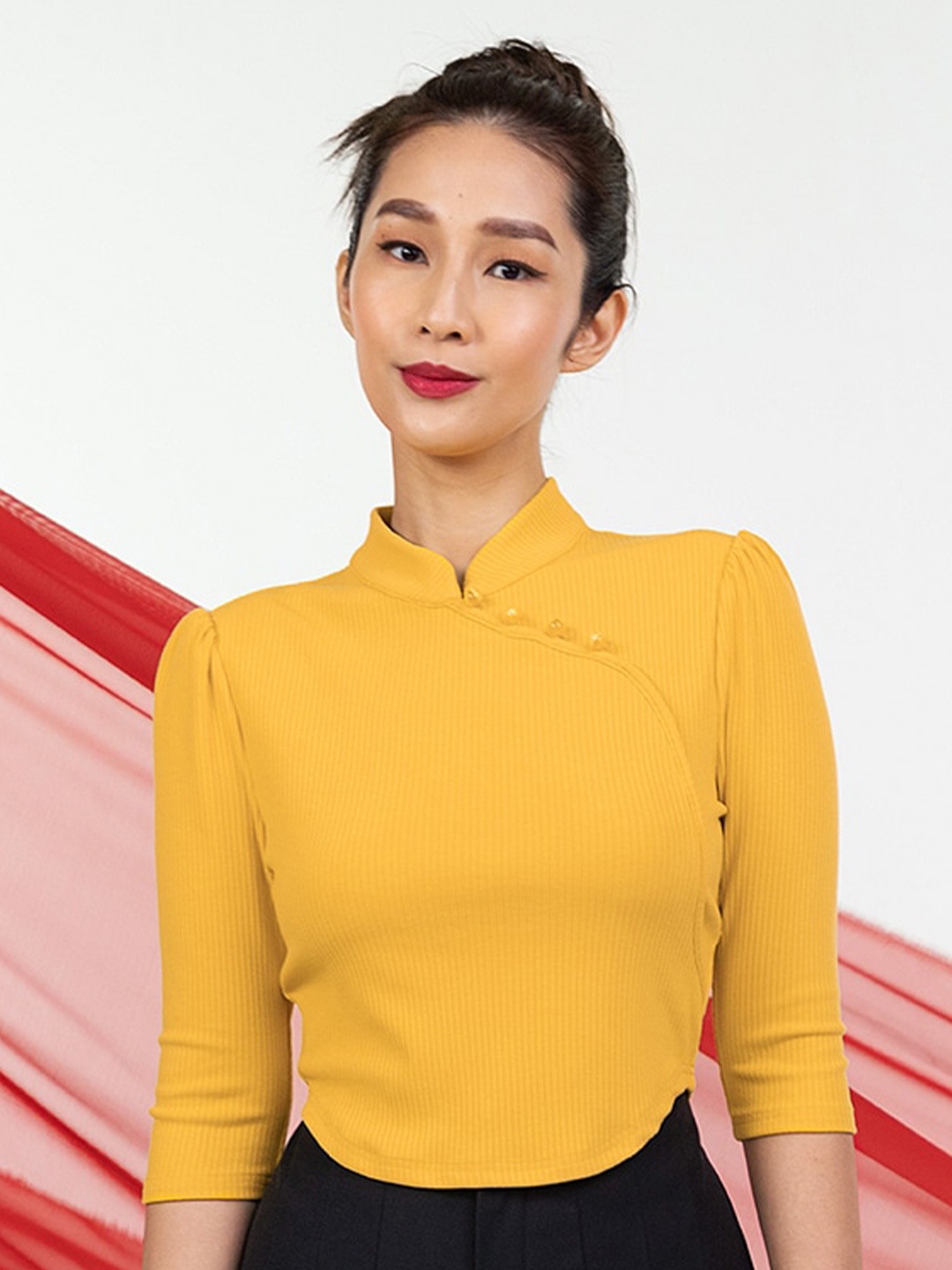 

Zalora Studios High Neck Puffed Sleeves Ribbed Top, Yellow