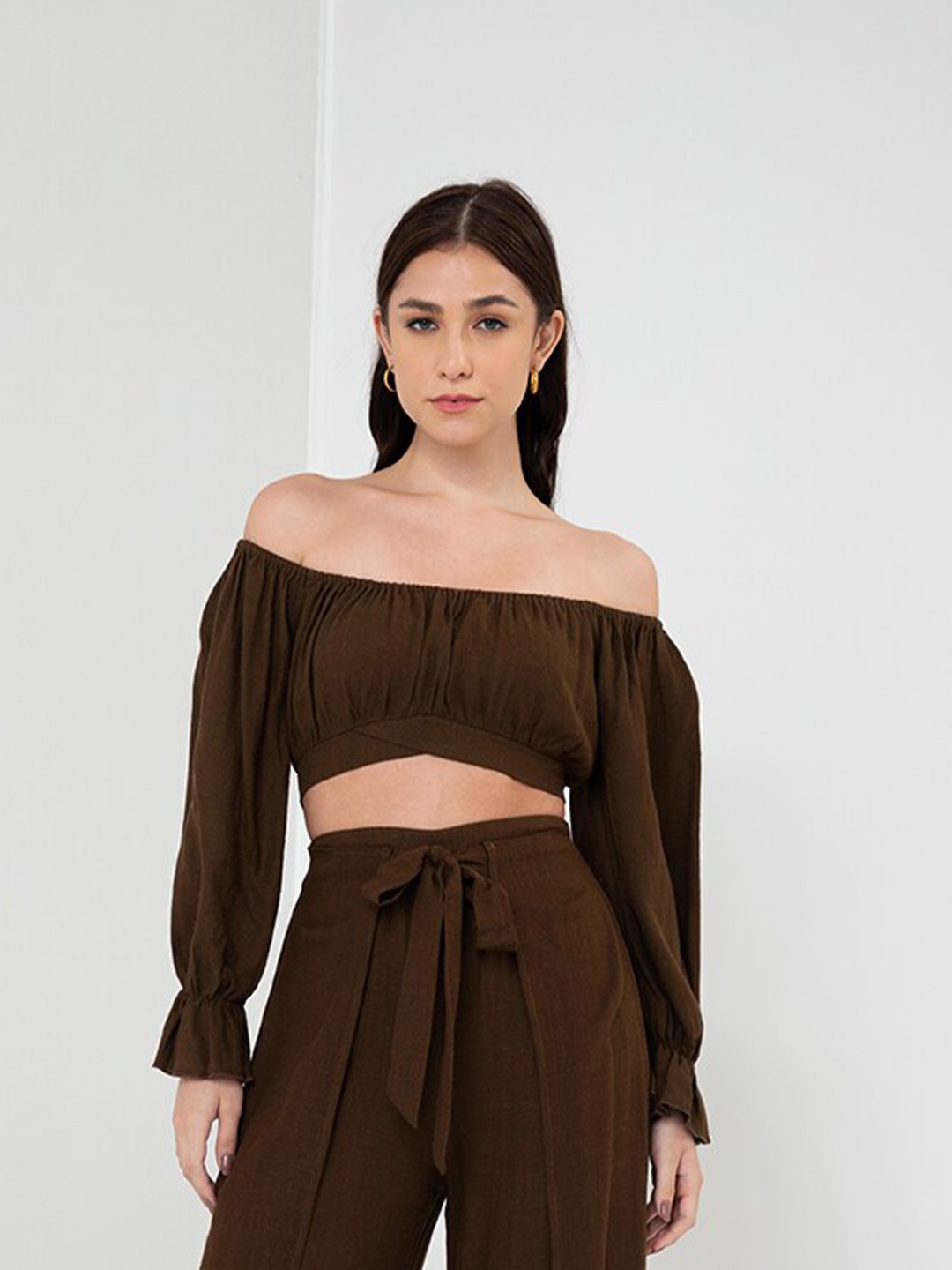 

Zalora Studios Off-Shoulder Linen Bardot Crop Top, Brown