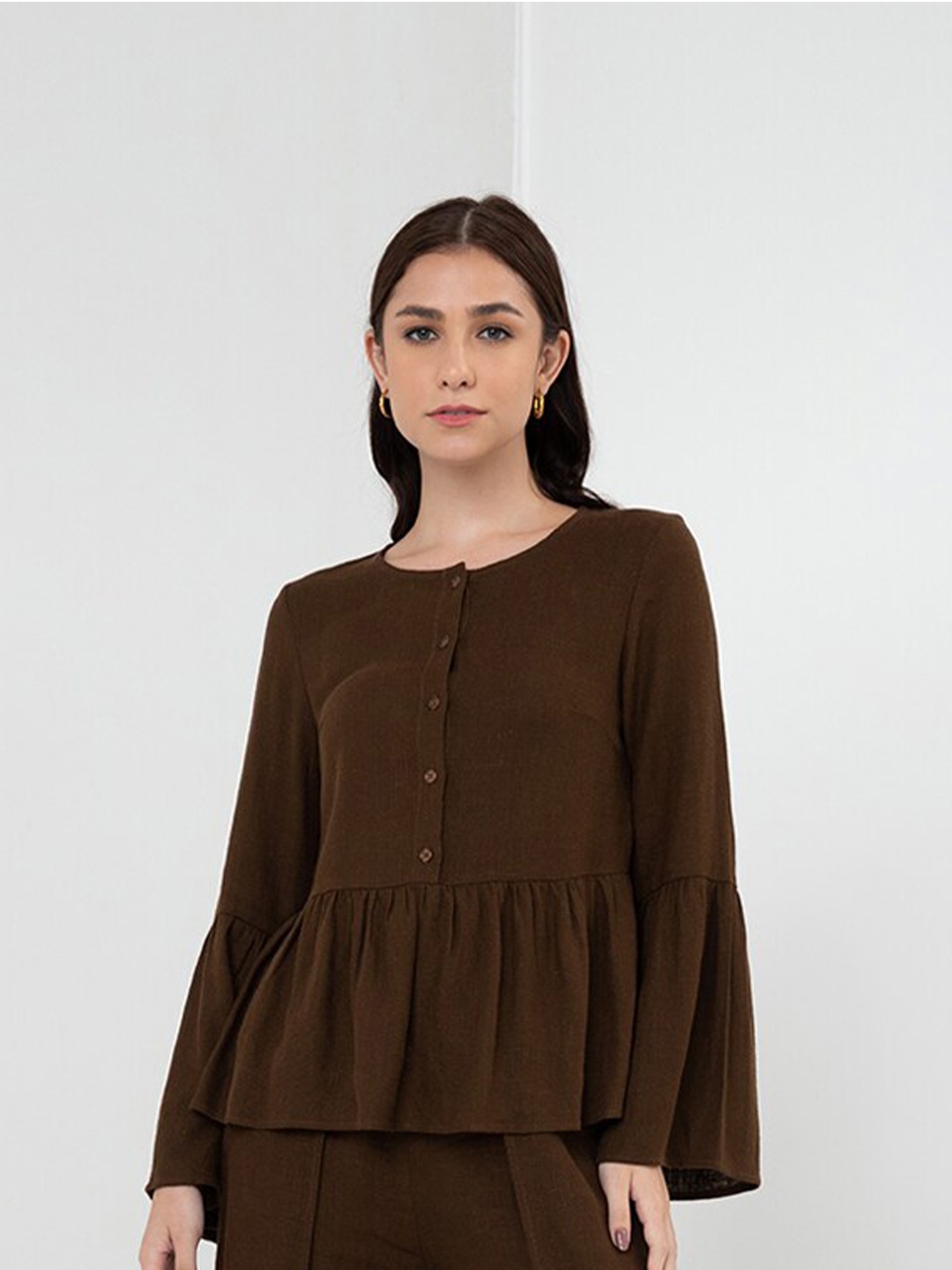 

Zalora Studios Linen Cotton Peplum Top, Brown