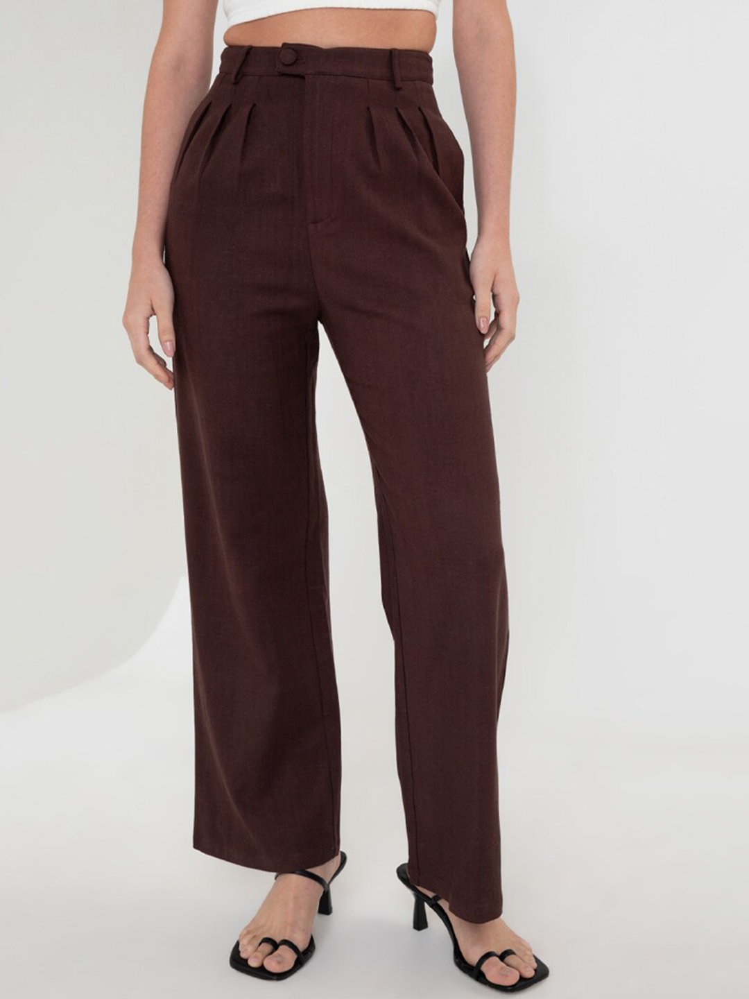 

Zalora Studios Women Mid-Rise Pleated Parallel Trousers, Brown