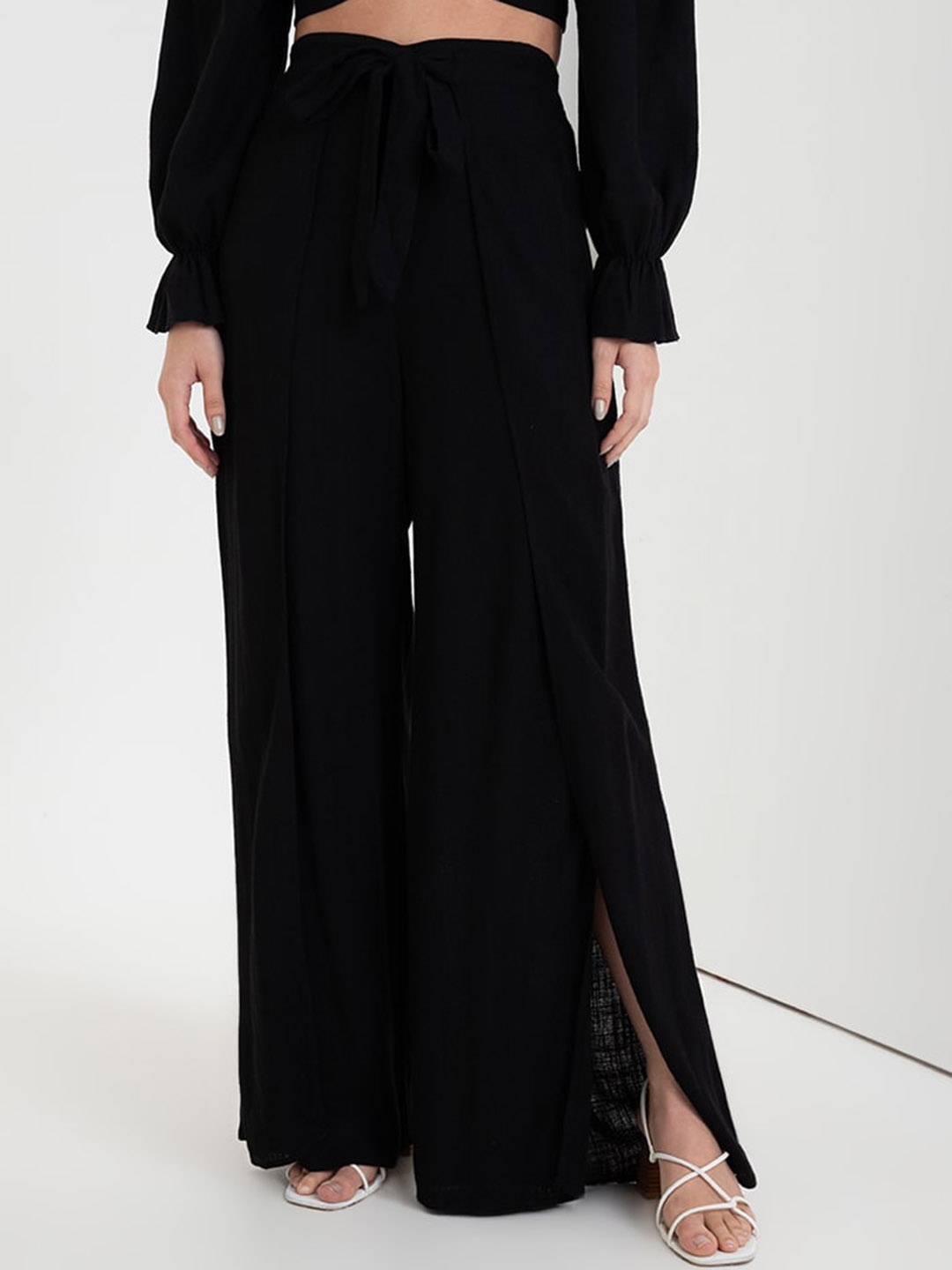 

Zalora Studios Women Fron Slit Parallel Wrap Cotton Linen Trousers, Black