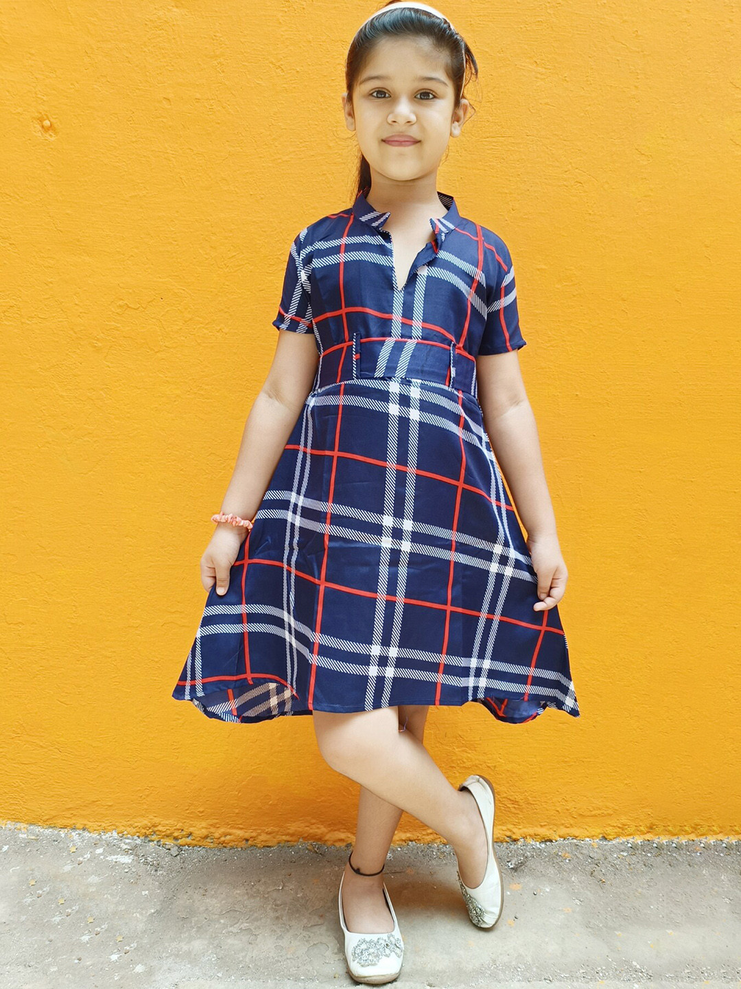 

GO Kids Girls Checked Mandarin Collar Shirt Dress, Navy blue