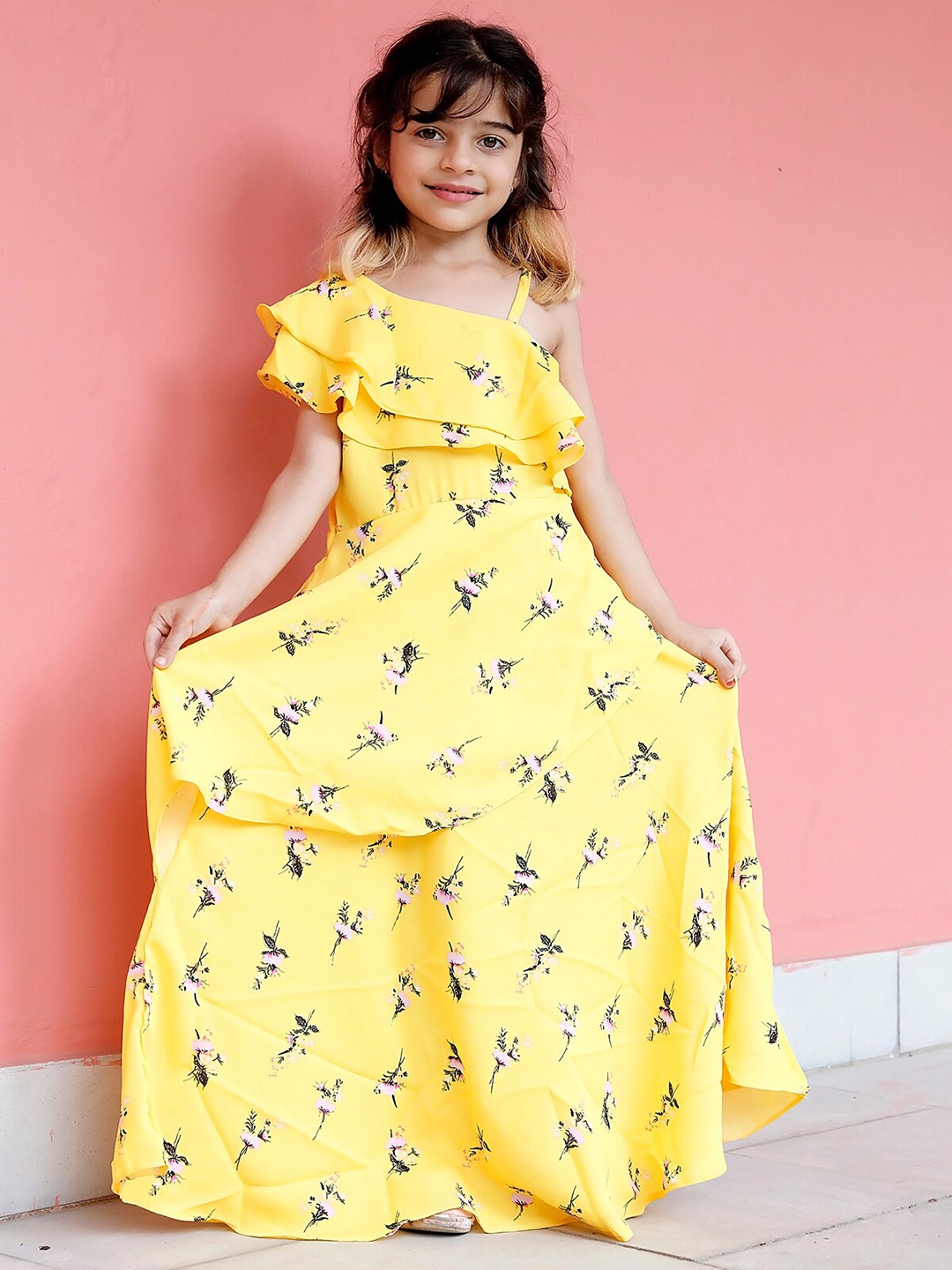 

GO Kids Girls Floral Printed One Shoulder Fit & Flare Maxi Dress, Yellow