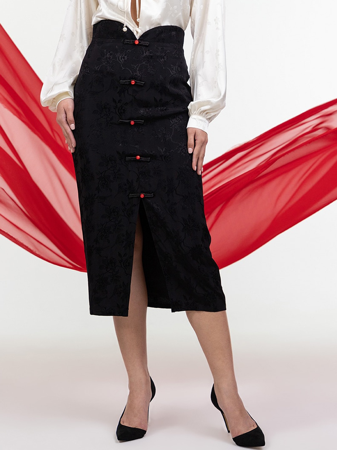 

Zalora Studios Self Design Straight Midi Skirt, Black